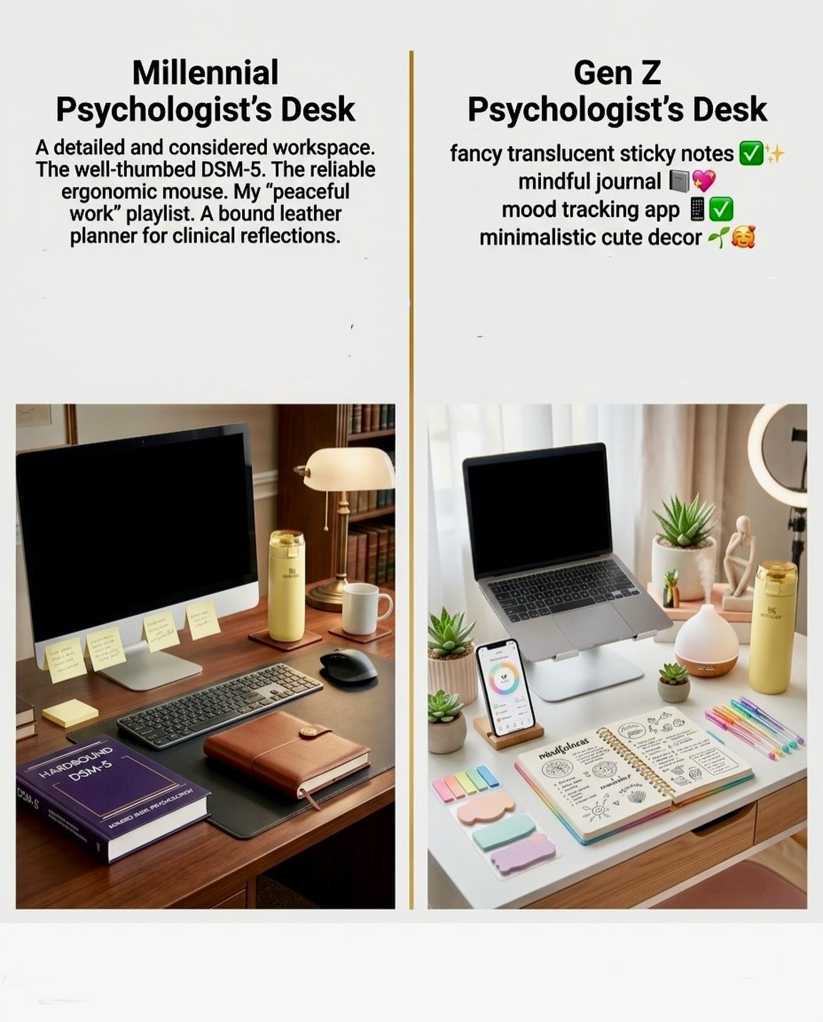 POV: The therapeutic alliance survived three generations of stationery evolution. ☕📓✨
Millennial psychologist:
“Here’s your formulation.”
Gen Z psychologist:
“Here’s your mood tracker, affirmation sticker, and emotionally regulated water bottle.” 😭
And somehow… both still help people heal. 🫶