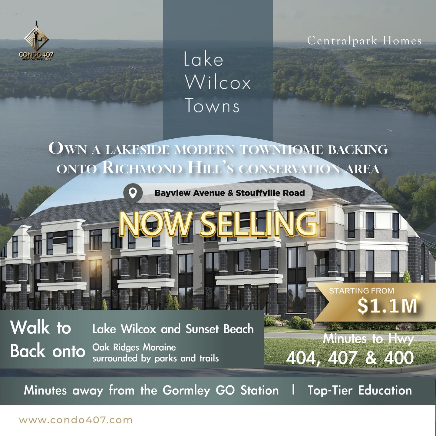 ✨ Lake Wilcox Towns ✨ 🚨 NOW SELLING
New Towns coming to Richmond Hill 🌿 Refined living near Lake Wilcox & Oak Ridges Moraine.
* 💰 Pricing: From the high $1.1M.
* 📐 Space: Approx. 1,884 – 2,255 sq.ft.
* 🌊 Nature: Minutes to Sunset Beach & parks.
* 🚉 Access: Close to Gormley GO & Hwy 404/407.
* 🏗️ Builder: Centralpark Homes
📞 Contact us for details, availability & worksheets:
📩 Contact today:
☎️ 416.856.1997
📧 info@condo407.com
🌐 www.condo407.com
#LakeWilcoxTowns #RichmondHillRealEstate #NewConstruction #condo407