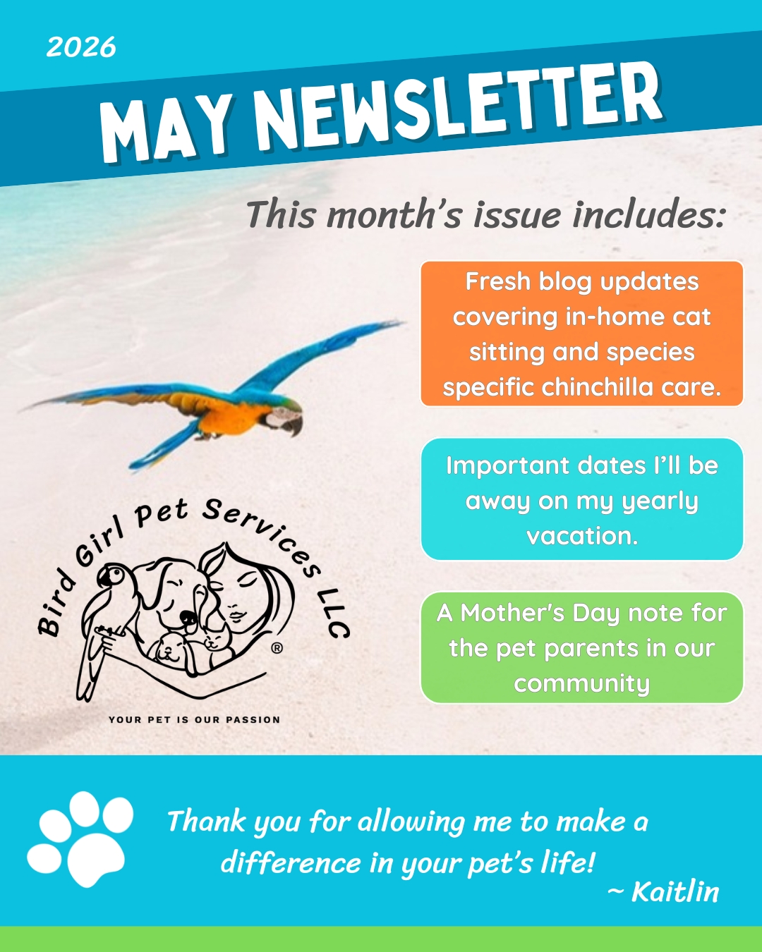 Our May newsletter is live.
This month covers Kaitlin's upcoming time off, a Mother's Day note for the pet parents in our community, and links to our newest content on cat sitting and chinchilla care on Long Island.
Summer boarding is filling up. If you are planning to travel, now's the time to get in touch!
Link in bio to read May's issue.