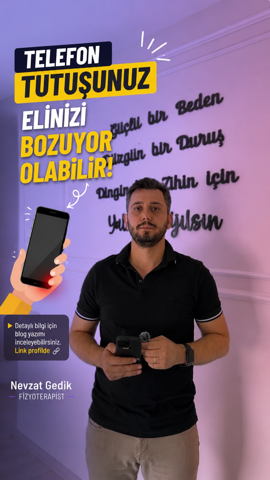 📱 Telefonu gün içinde nasıl tuttuğunuzu hiç düşündünüz mü?
Birçok kişi fark etmeden telefonu sürekli tek elle kullanıyor.
Özellikle küçük parmağa yük bindiren tutuş şekilleri uzun süre tekrarlandığında el, bilek ve dirsek bölgesinde rahatsızlık hissi oluşabiliyor.
Telefon kullanım süresi arttıkça aynı pozisyonda kalma süresi de artıyor.
Bu nedenle günlük yaşamda küçük farkındalıklar oluşturmak, kullanım alışkanlıklarını gözden geçirmek önemlidir.
Özellikle:
• Uzun süre tek elle telefon kullanımı
• Sürekli başparmak hareketi
• El bileğinin uzun süre bükülü kalması
• Yatarken telefon kullanımı
gibi alışkanlıklar yüklenmeyi artırabiliyor.
👉 Şu an telefonu nasıl tuttuğunuza bir bakın.
👉 Bu konuyu daha detaylı ele aldığım blog yazısını inceleyebilirsiniz.
🔗 Link profilde
———
ℹ️ Bu içerik genel bilgilendirme amacı taşır.
Her bireyin durumu farklıdır ve değerlendirme kişiye özel planlanmalıdır.
———
Fizyoterapist Nevzat Gedik
Özel Sağlık Meslek Hizmet Birimi
📍 Yenişehir / Mersin
📞 0534 983 17 79
🌐 fizyoterapistnevzatgedik.com
#fizyoterapi #elbileği #telefonkullanımı #ergonomi #postür