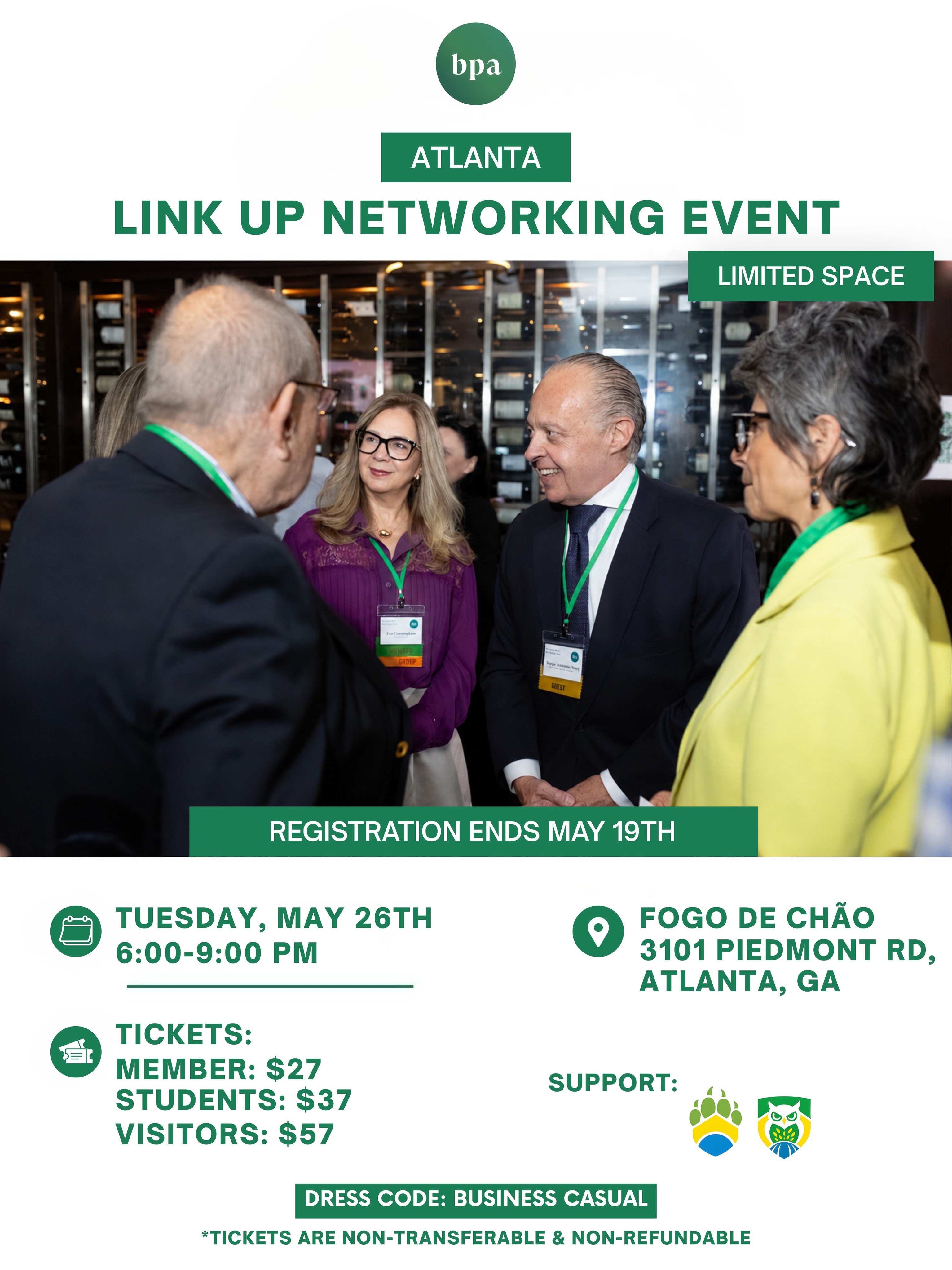 Whether you’re an entrepreneur, a leader, C-suite executive, business owner, or public official, this is your chance to connect, exchange ideas, and discover new career and business opportunities in a dynamic and motivating environment.
Expect great conversations, new connections, exciting collaborations, and the BPA vibe you already know makes every event special!
📅 Date: Tue, May 26th
⏰ Time: 6:00-9:00 PM
📍 Location: Fogo de Chão,
3101 Piedmont Rd, Atlanta, GA
🎟️ Tickets:
• MEMBERS: $27
• STUDENTS: $37
• VISITORS: $57
REGISTRATION ENDS MAY 19TH
👉 LINK IN BIO 👈
🎟️ Tickets are non-refundable and non-transferable
🚫 No walk-ins
⏳ Limited spots
Tag a friend who should be there and come connect with us!
Growing stronger together, one connection at a time.
PHOTO: @twosensephotography
.
.
.
#BPAAtlanta
#LinkUpNetworkingEvent #NetworkingNight #BrazilianProfessionalsAbroad
