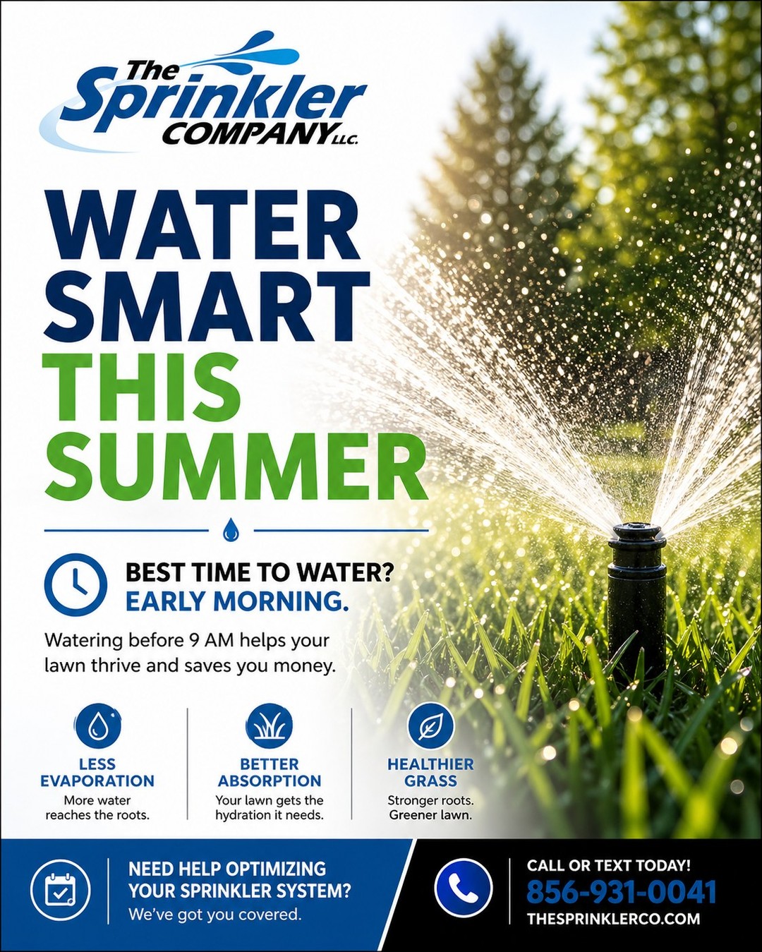 💧 Water Smart This Summer 🌱
Want a greener lawn without wasting water (or money)?
The key is simple:
👉 Water early in the morning, before 9 AM
✔️ Less evaporation
✔️ Better absorption
✔️ Healthier, stronger grass
Small change… BIG difference.
Let’s make sure your system is running the right way all season long 👇
856-931-0041
thesprinklerco.com
#SprinklerSystem #LawnCareTips #WaterSmart #GreenLawn #Irrigation #SouthJerseyHomes #HomeMaintenance #TheSprinklerCompany