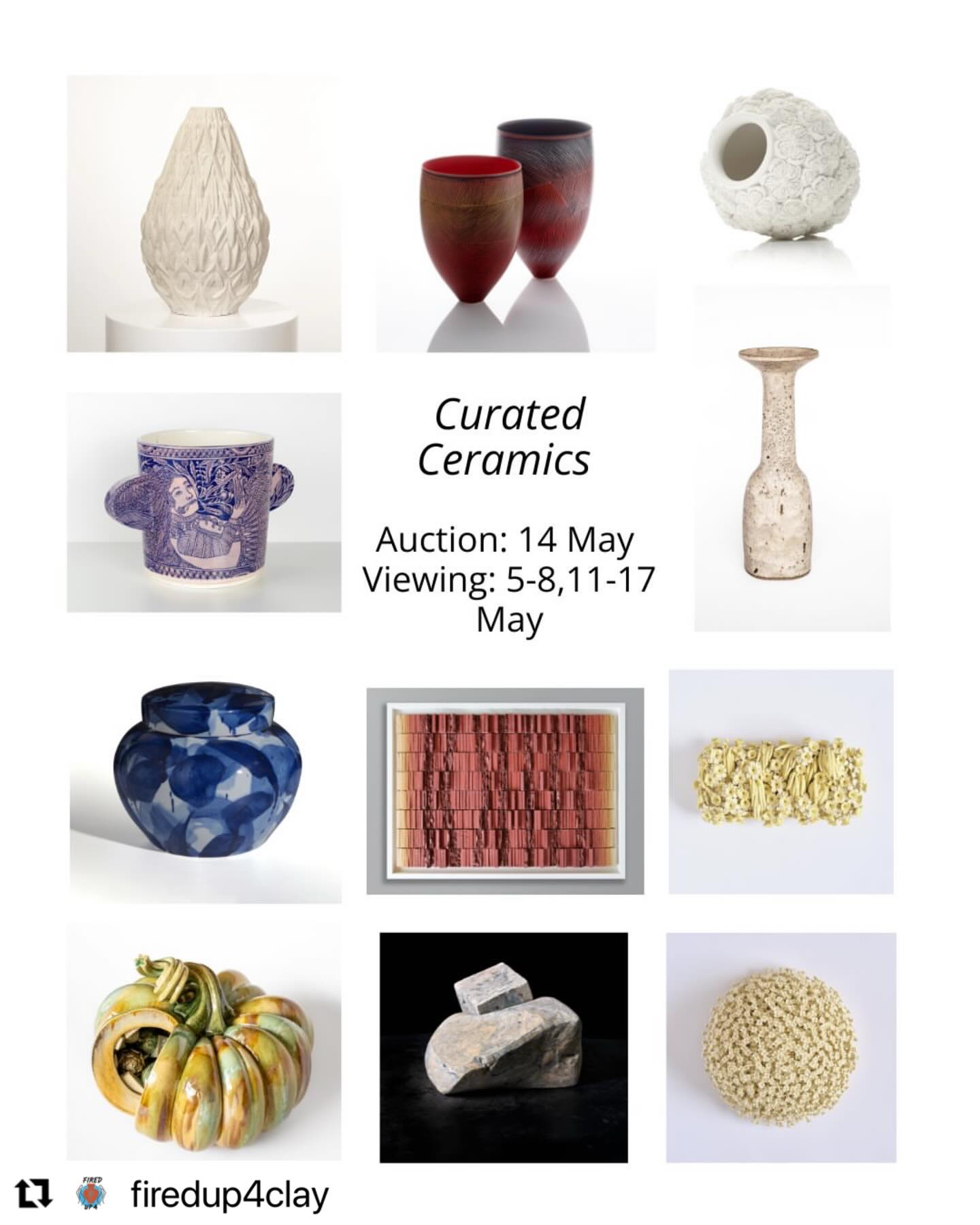 FiredUp4 auction: 14th May at Sotheby’s London
Register to Bid: email daniella@fired4.com
#repost @firedup4clay with @use.repost
・・・
FiredUp4 and London Craft Week present Curated Ceramics, an auction of 12 special Lots, curated by Kate Malone MBE.
The auction will be held at Sotheby’s as part of CRAFTED -a program of talks, events and exhibitions designed to shine a light and deepen insight into the realm of craft.
Participating artists: Felicity Aylieff, Ryan Barrett, Pippin Drysdale, Fernando Casasempere, Lucie Rie, Jacob van der Beugel, Hitomi Hosono, Vicky Lindo & Bill Brookes, Vanessa Hogge and Kate Malone.
An additional lot includes an exclusive supper with Dame Zandra Rhodes.
All works are kindly donated by the contributing artists that believe deeply in the power of clay - giving young people the chance to explore creativity, find focus, and discover themselves.
🗓️ Viewing: 5-8 & 11-17 May
🔨 Auction: 14 May
📍 Sotheby’s, 34-35 New Bond Street, W1A 2AA, London
How to bid: 🔗 Visit the link in bio for full details on our sales at Sotheby’s
Register to Bid: email daniella@fired4.com
Viewing:
5-8 May, 9:00AM - 4:30PM
11 May, 10:30AM- 4:30PM
12-15 May, 9:00AM - 4:30PM
16 May, 10:00AM - 5:00PM
17 May 12Noon - 5:00PM
#LondonCraftWeek #FiredUp #CuratedCeramics #Auction sothebys
@londoncraftweek @sothebys
1&3 photo credit @sylvaindeleuphotographer