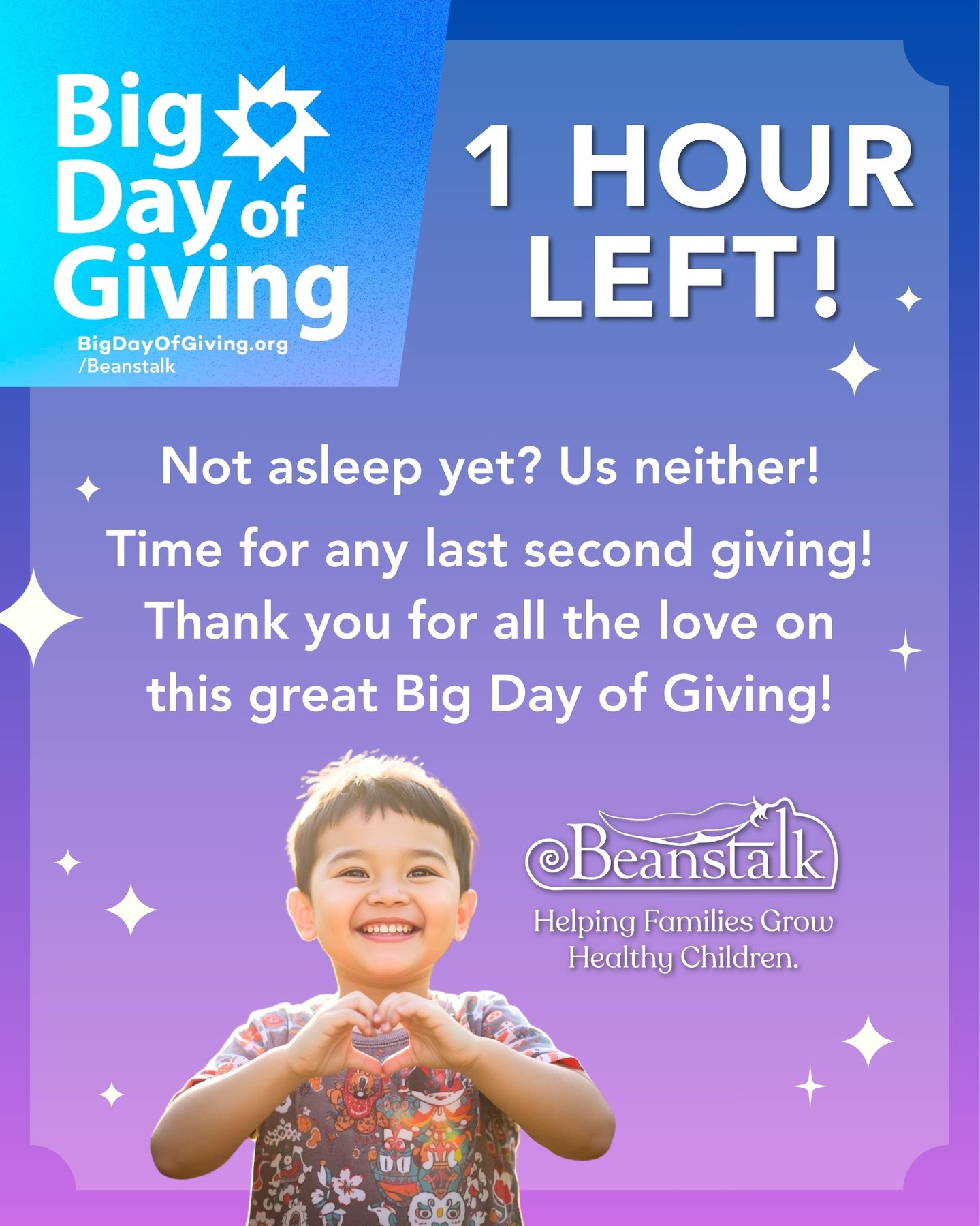 Wow, we’re already in the final stretch! 1 hour left of Big Day of Giving!
There's still time to make an impact on Beanstalk's Early Care & Education programs in your community! Just head to the link below or share this post!
BigDayofGiving.org/Beanstalk 💕
#Beanstalk #HelpingFamiliesGrowHealthyChildren #BDOG #BDOG2026 #BigDayofGiving #BigDayofGiving2026 #Preschool #Toddlers #ECE #ChildCare #FCCHEN #Sacramento #NorthHighlands #RioLinda #Natomas #SacramentoFamilies