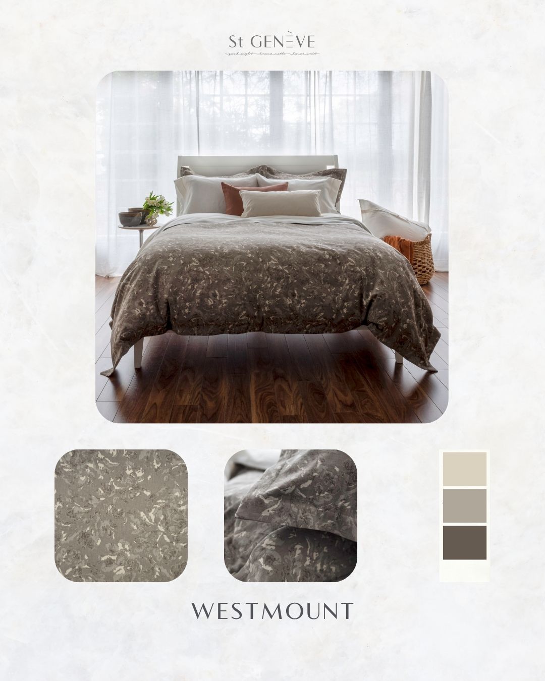 WESTMOUNT | TWILL JACQUARD
A warm neutral palette lays the foundation for Westmount's subtle botanical-inspired abstract.
100% long-staple cotton
365 thread count
Fabric from Italy
Sewn in Canada
stgeneve.com/product-page/westmount-jacquard
#castlecore #castlecoredecor #castlecoreaestheticbedroom #modernvintage #ModernTraditional #Maximillist #GrandmillennialBedroom #royalcore #Maximalism #Romanticiseyourlife