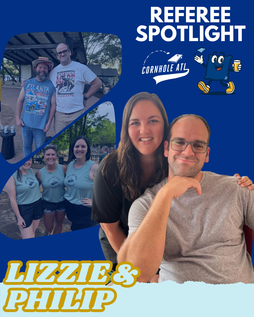 Ref Spotlight: Lizzie and Philip 🌟
If you play in Woodstock or Marietta, you may recognize one of these faces. This married power couple help ref the @downtownwoodstock leagues and the @schoolhousebeer league in Marietta. Both have been with us since 2022 and are an absolute blast to be around! Their two kids are the mascots of the Woodstock leagues (don't tell Cornelius). Before we implemented league-wide theme nights this season, Lizzie and Philip always put on their own themes each week. It was such a hit that we decided to do it at all leagues! These two people have great hearts and heavy interest in making cornhole fun and successful.