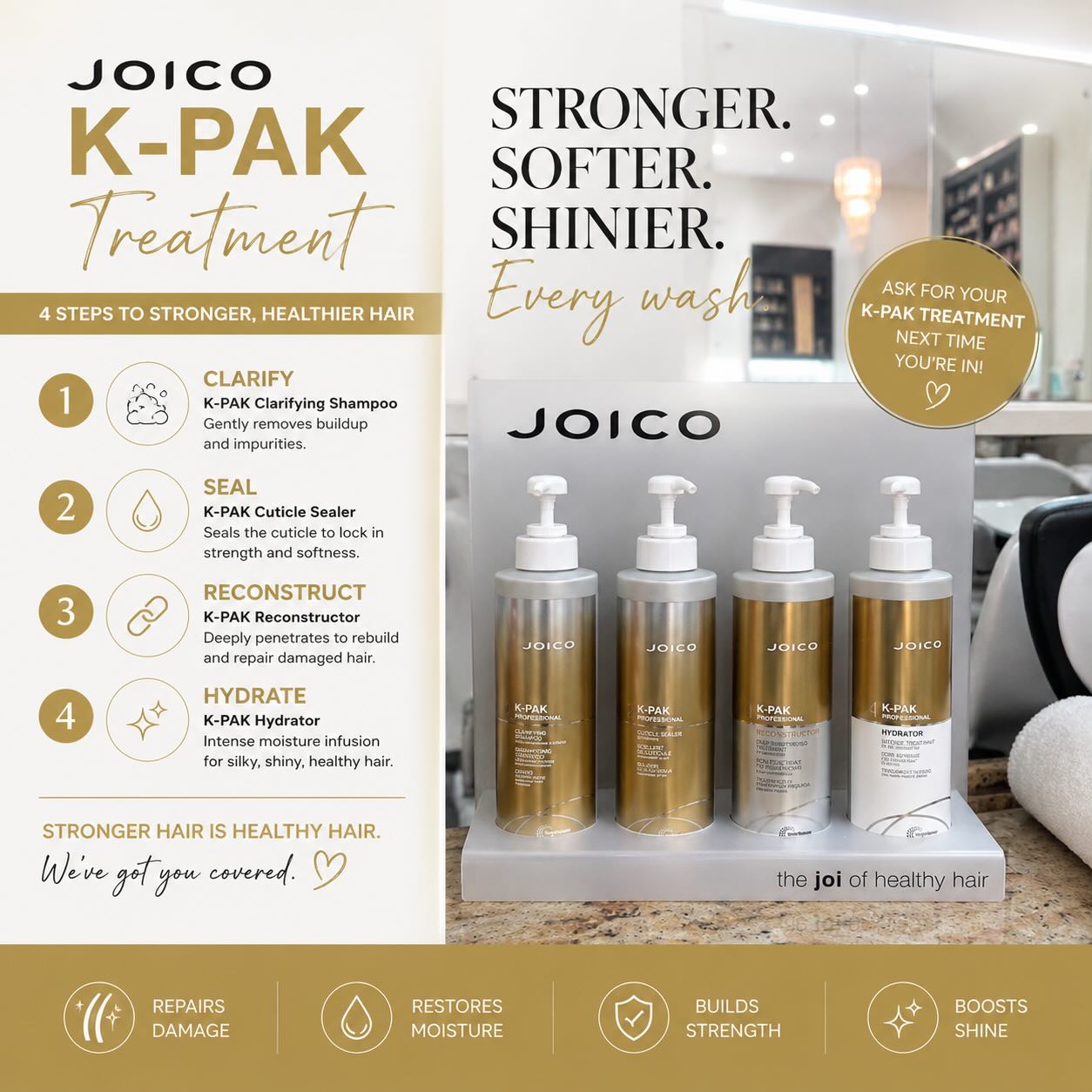 Experience stronger, healthier, and visibly shinier hair with the JOICO K-PAK 4 Step Treatment, now available for just £25 in our Tunbridge Wells branch. This professional in-salon treatment is designed to deeply repair and revive damaged, dry, or chemically treated hair through four targeted stages—Cleanse, Seal, Reconstruct, and Hydrate. Powered by JOICO’s advanced hair repair technology.
Book your appointment today!