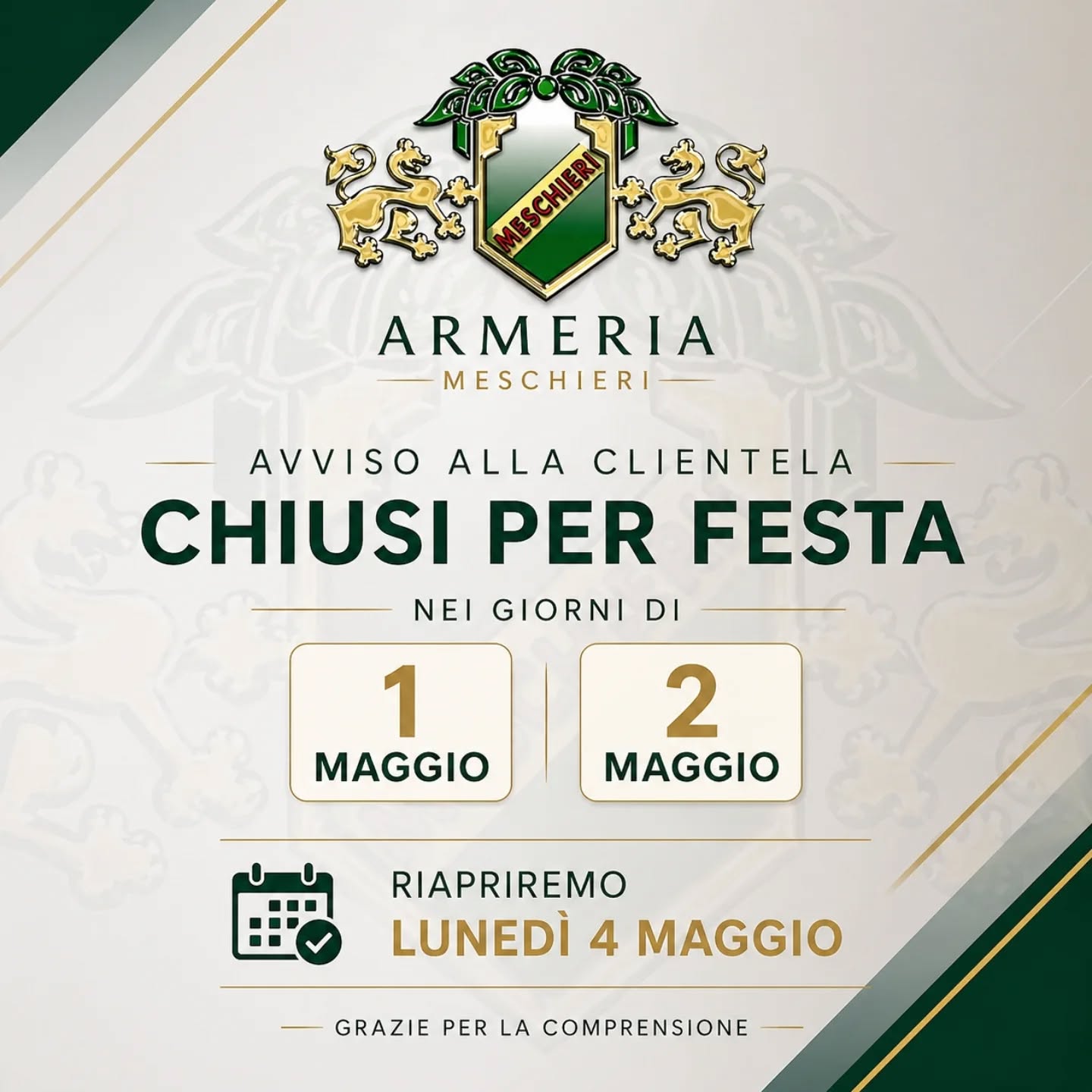 📢 Avviso alla clientela
Armeria Meschieri informa che il negozio rimarrà chiuso per festività nei giorni:
📅 1 Maggio
📅 2 Maggio
👉 Riapriremo regolarmente Lunedì 4 Maggio
Grazie per la comprensione e buona festa a tutti!
#armeria #armeriameschieri #chiusuraperferie #chiusurafestiva #orarinegozio