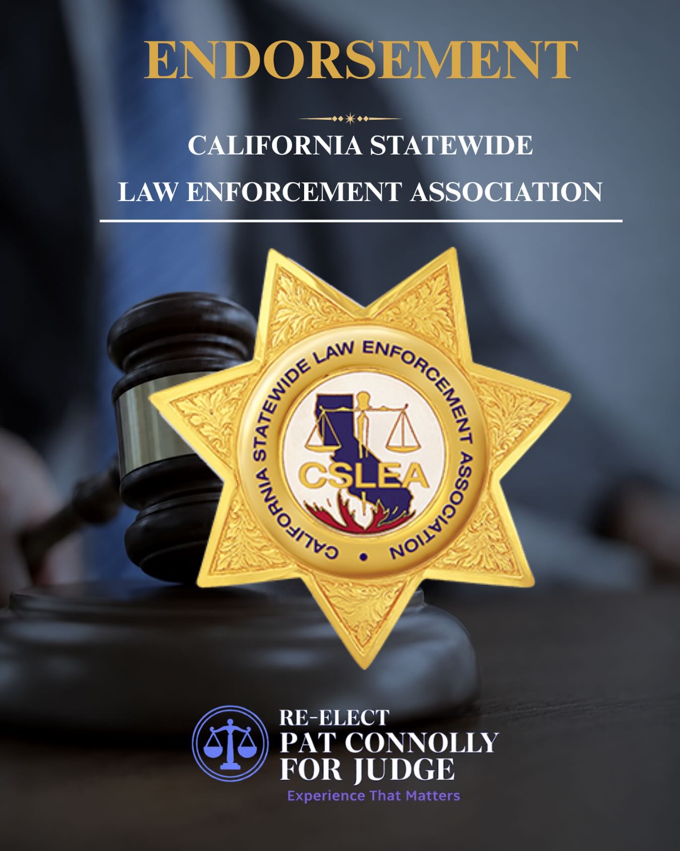 Honored to receive the endorsement of the California Statewide Law Enforcement Association. @califstatewidelawenfassoc
As CSLEA President Alan Wayne Barcelona wrote:
“Your commitment to public safety makes this an easy decision. We look forward to continuing these efforts to keep our citizens and law enforcement safe in the years to come.”
I am deeply grateful for the trust and confidence from the men and women dedicated to protecting our communities across California.
#PatConnollyForJudge #ReElectPatConnolly #JudgePatConnolly #ExperienceThatMatters #CSLEA