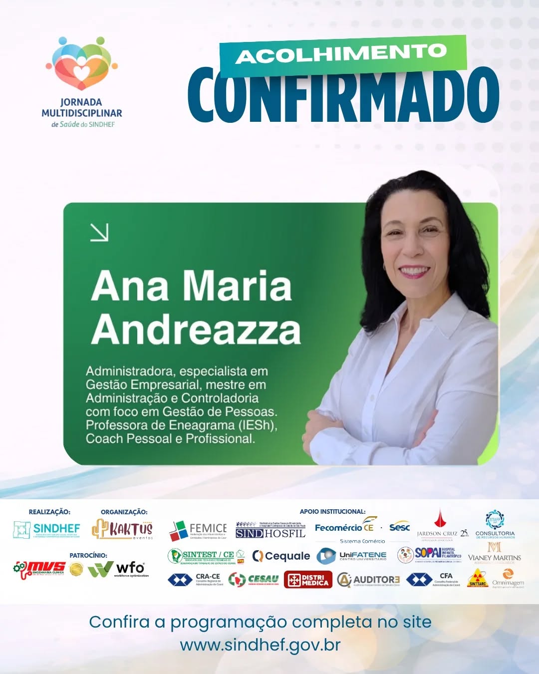💙 MOMENTO ACOLHIMENTO
Na I Jornada Multidisciplinar de Saúde do SINDHEF, cada detalhe também será pensado para acolher, conectar e cuidar. ✨
Receberemos Ana Maria Andreazza, especialista em Gestão de Pessoas, professora de Eneagrama e coach pessoal e profissional, trazendo sua experiência humana e acolhedora para esse grande encontro.
Porque cuidar da saúde também é criar espaços onde as pessoas se sintam vistas, ouvidas e fortalecidas. 🩺🌿
⚠️ As inscrições seguem abertas!
Garanta sua participação e confira a programação completa:
🌐 www.sindhef.gov.br
#SINDHEF #JornadaMultidisciplinar #Acolhimento #GestãoDePessoas #Saúde BemEstar DesenvolvimentoHumano EventosEmSaúde