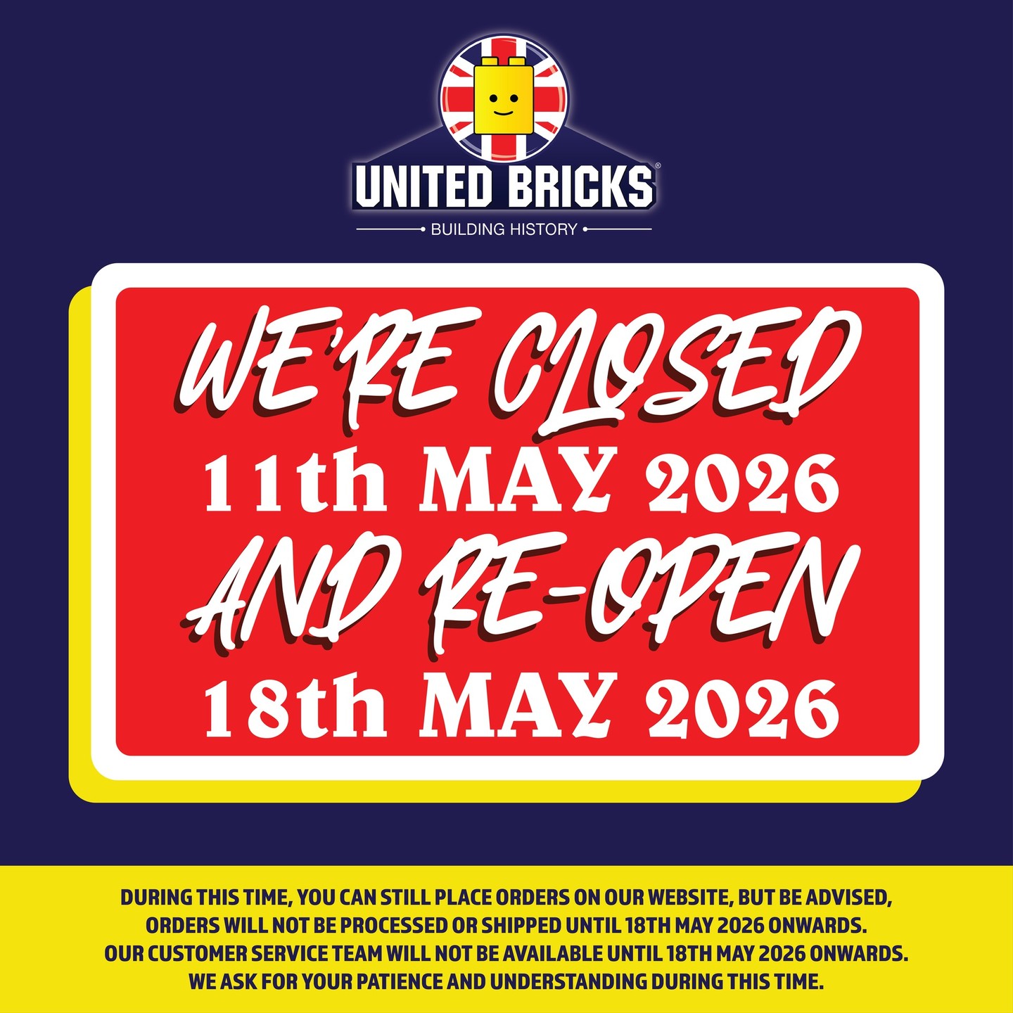💐 United Bricks Ltd. Head Office will be closed from 11th May 2026 and will re-open 18th May 2026.
During this time, you can still place orders on our website, but be advised, orders will not be processed or shipped until 18th May 2026 onwards.
Our Customer Service Team will NOT be replying to emails, phone calls or live chats during our break.
All emails, phone calls and live chat messages will be replied to in due course from 18th May 2026 onwards.
We ask for your patience and understanding during this time.
-
#unitedbricks #lego #minifigures #afol #brickarms #customlego #militaryminifigs #may #brickcollector