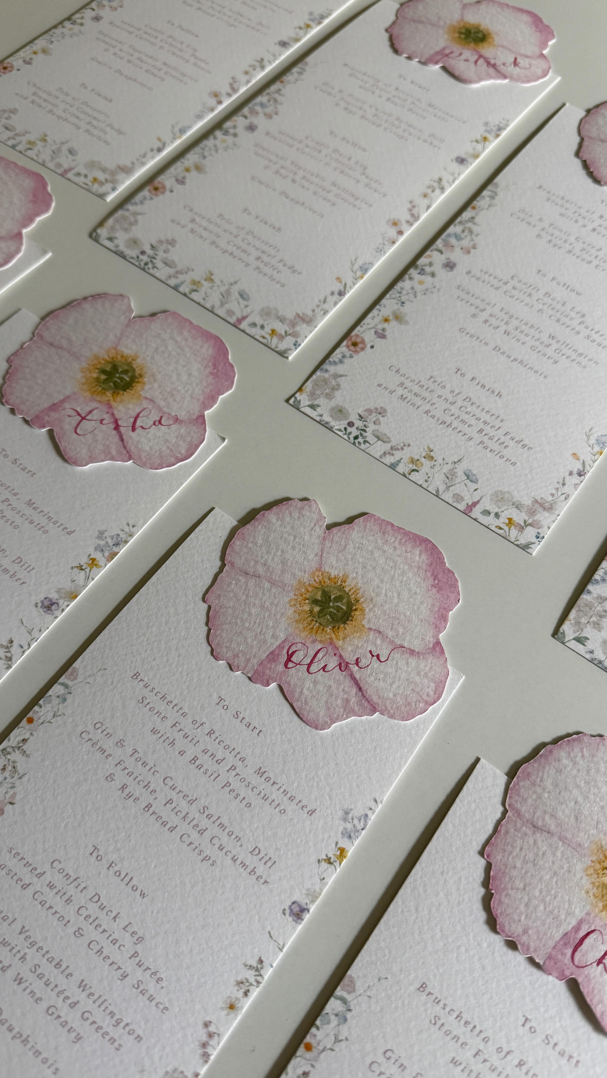 Whether you chose to have coloured card place names, floral shaped name names, flowery menus or table names with illustrations. Make your wedding stationery shout ‘this is our wedding day’, let it tell your story!
To find out how to make your wedding day look stunning with beautiful crafted wedding stationery get in touch via my contact form. I’d love to hear from you 💕
#weddingstationery #onthedaystationery #weddingtabledecor