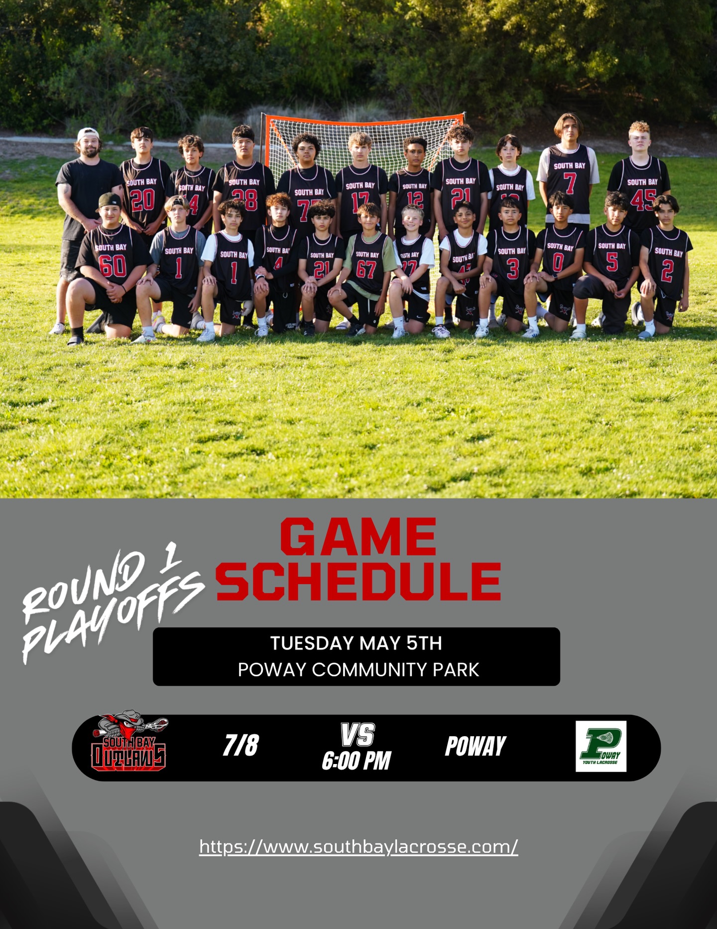 Playoff mode 🔥
Shoutout to our South Bay Outlaws 7/8 team for earning their spot in the playoffs! All the hard work, grit, and growth this season has led to this moment.
Round 1 goes down tomorrow at 6 PM vs Poway — let’s show up loud and proud and support our squad!
Let’s get it boys 💪🥍 #OutlawsLacrosse #PlayoffBound #EarnedNotGiven #SouthBayPride