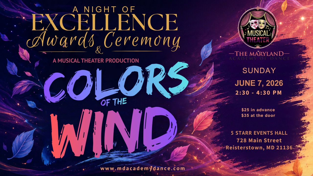 A Night of Excellence ✨ Awards Ceremony & Colors of the Wind
June 7, 2026, 2:30–5:10 PM at 5 Starr Events Hall. Celebrate talent, artistry, and community performances you won’t forget. Link in Bio #DanceAwards #ColorsOfTheWind #DanceCommunity #Reisterstown #MDAcademyDance