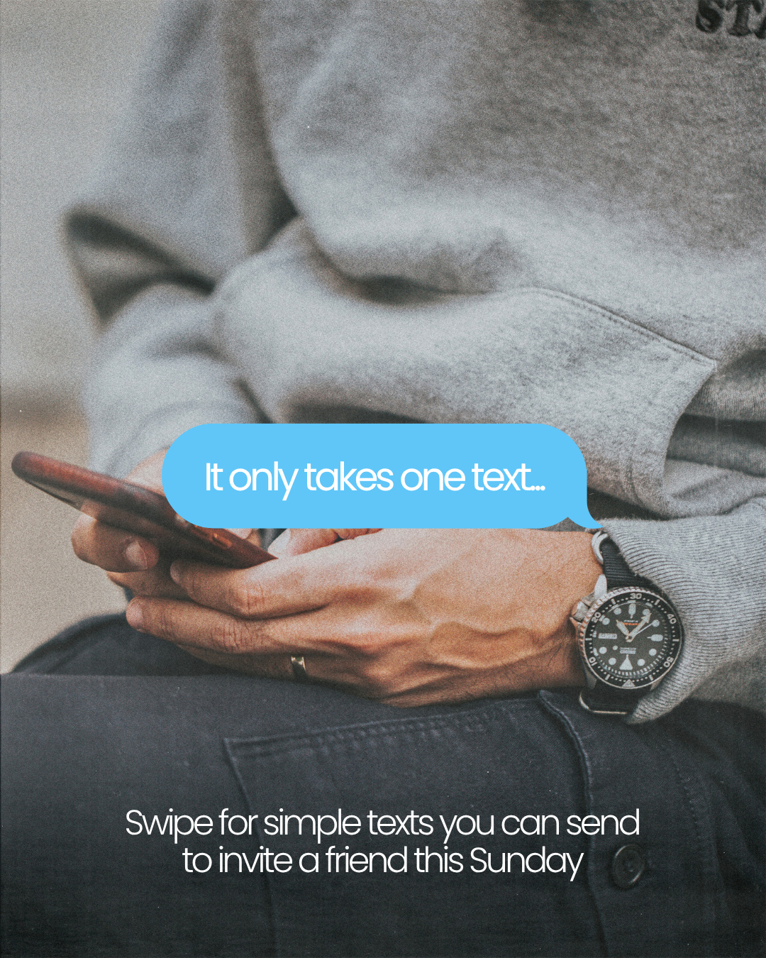 Don’t overthink it—it only takes one text. Sometimes the simplest invite can make the biggest impact. Swipe for simple texts you can send to invite a friend this Sunday. Be a friend. Invite a friend.