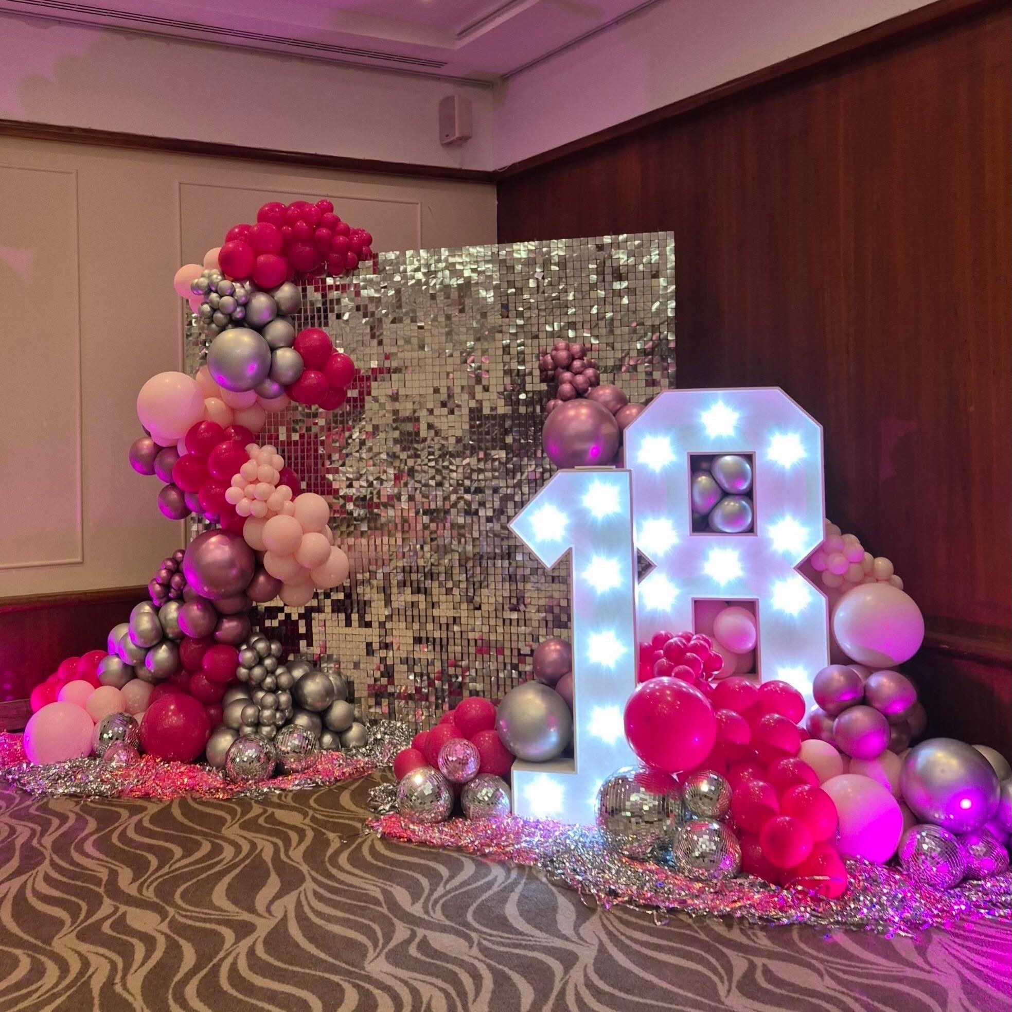 Number 18 for @bear.balloons sparkly set up β¨ π©· love a πͺ©
