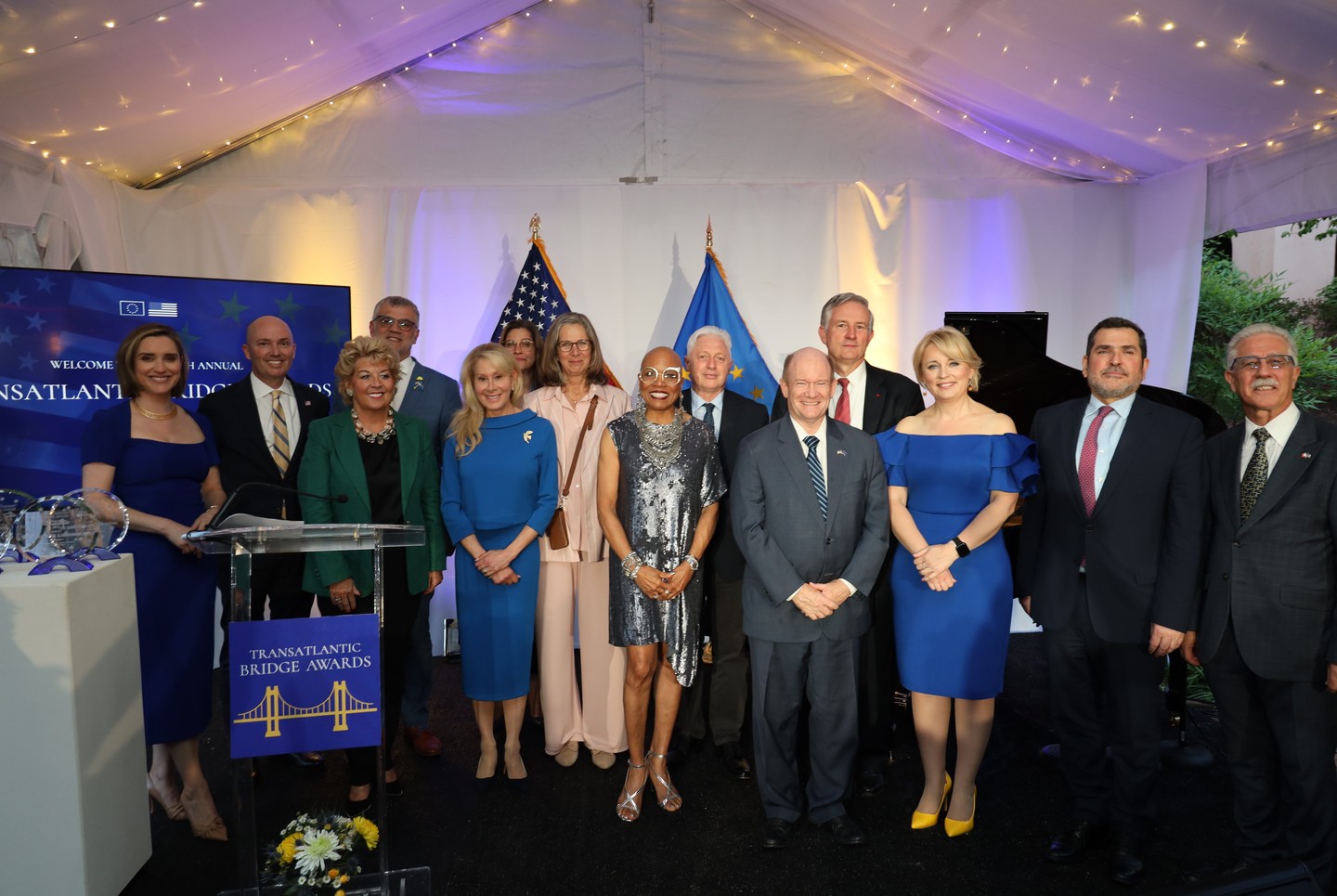 As part of #EuropeDay and in celebration of America's 250, the Delegation of the European Union honored four Americans who made significant contributions to the transatlantic relationship at the 2026 Transatlantic Bridge Awards in Washington, DC.
Grateful to Ambassador Jovita Neliupsiene and the Delegation of the European Union for shining an international spotlight on jazz and its enduring global impact. DC Jazz Festival was thrilled to serve as a partner.
Pictured starting from far left to right: Margaret Brennan, CBS News; Utah Gov. Spencer Cox (honoree); Irish Ambassador Geraldine Byrne-Mason; Estonian Ambassador Kristjan Prikk; Jillian Manus, Venture Partner at Shield Capital (honoree); Luxembourg Deputy Ambassador Annabelle Dullin; Netherlands Ambassador Birgitta Tazelaar; Jazz Ambassador Dee Dee Bridgewater (honoree); Slovenian Ambassador Iztok Mirošič; US Senator Chris Coons (honoree); French Ambassador Laurent Bili; EU Ambassador Jovita Neliupsiene; Cyprus Ambassador Evangelos Savva; Maltese Ambassador Godfrey Xuereb.
