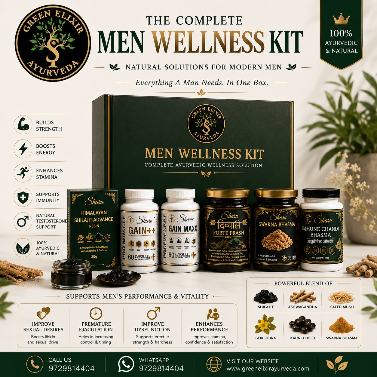 💪 Ancient Power. Modern Performance. 🌿
Introducing the premium MEN WELLNESS KIT by Green Elixir Ayurveda 👑
A complete Ayurvedic wellness solution crafted for modern men to support:
✔ Strength & Stamina
✔ Energy & Recovery
✔ Men’s Vitality Support
✔ Performance Wellness
✔ Daily Immunity & Balance
Powered by nature. Backed by Ayurveda. ✨
📞 WhatsApp / Orders: 9729814404
🌐 http://www.greenelixirayurveda.com
#MensWellness #Ayurveda #Shilajit #MensHealth #AyurvedicLifestyle #NaturalStrength #StaminaBoost #PremiumWellness #EnergyBoost #GymLife #MensCare #WellnessJourney #FitnessMotivation #MuscleRecovery #LuxuryWellness #HerbalWellness #GreenElixirAyurveda #HealthyLifestyle #WellnessForMen #AyurvedicCare
