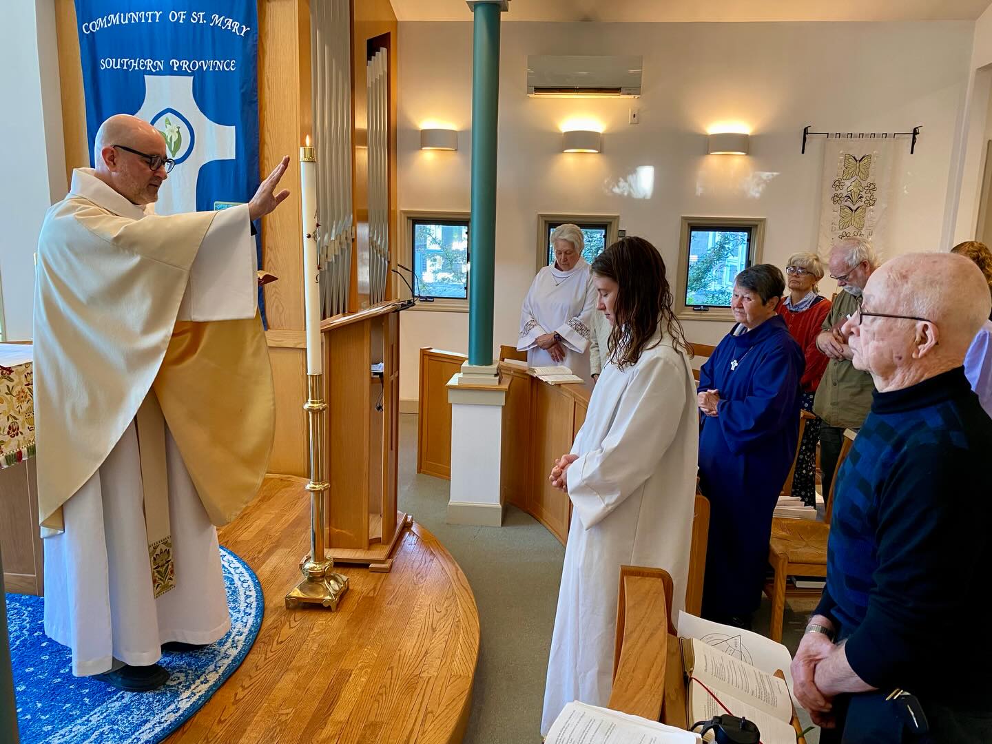 Today was the official last day of our long-term Organic Prayer program internship. Our celebrant and preacher, the Rev. Dr. Rob MacSwain, gave Emily a farewell blessing as her grandfather, Clayton, stood at her side. At breakfast, Sister Felicity made Emily a chocolate strawberry cake using strawberries from our organic garden. We wish Emily the very best in the future.