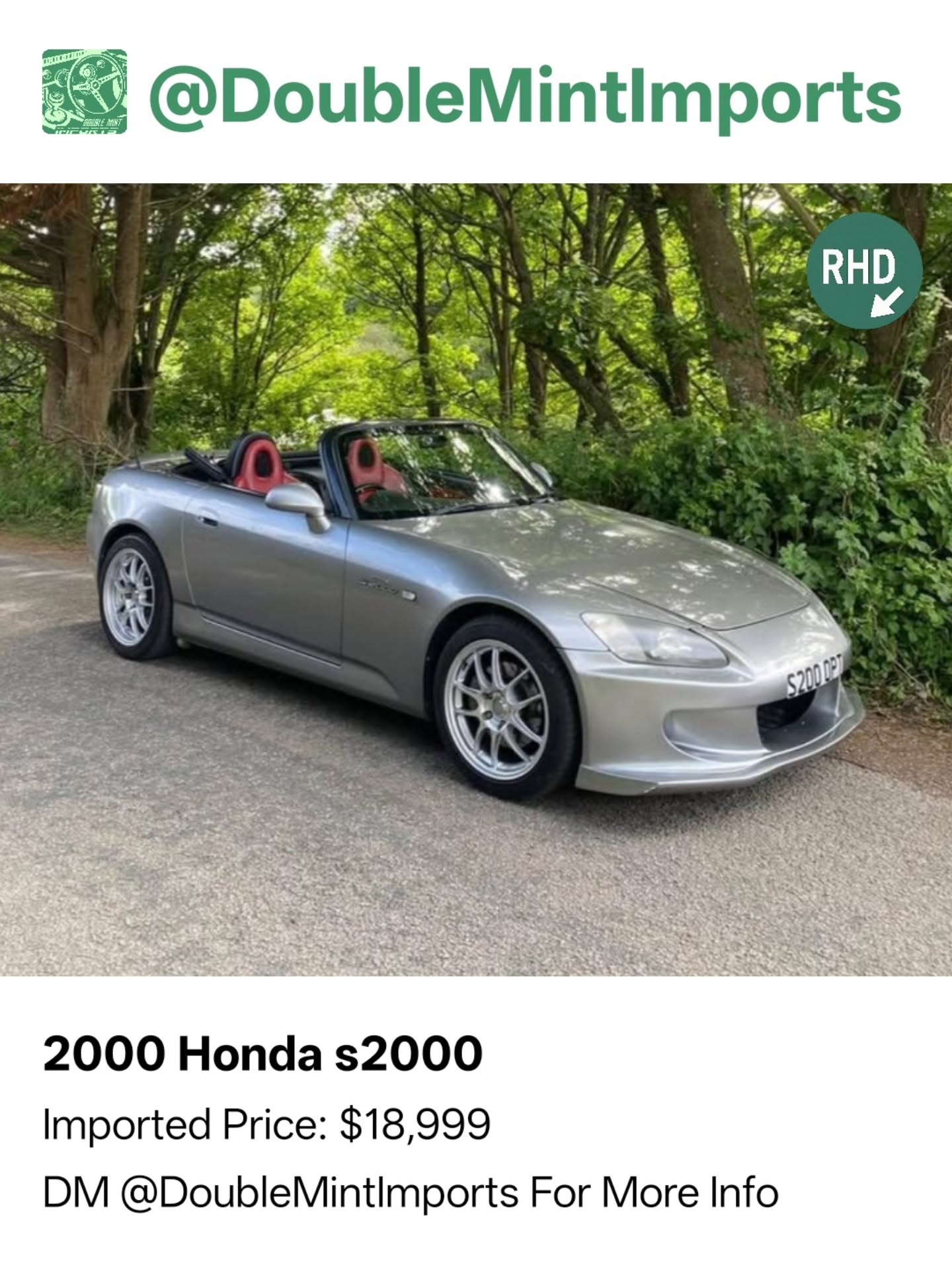 2000 Honda s2000
Shipped Price(UK to NY): $18,999
(Includes All Fees: Conversion rate to USD, Shipping, Customs, UK Taxes and Admin Fees)
Mileage: 120,000
SELLERS DESCRIPTION:
2000 Honda s2000
About this vehicle
Driven 120,000 km
Manual transmission
Exterior color: Silver · Interior color:
Seller's description
Lovely 2000 plate AP1 Honda S2000 with private plate
12/24 it had valve clearance done at Honda to correct spec
Also had all oils & fluids changed over the last year & a half
LSD oil change
Gear oil change
Clutch oil change
Brake fluid change
Coolant change
Engine oil change
Just had another engine oil and filter change on Thursday 16/4/26
Comes with mint 17 inch genuine enkies bought for £1200 plus vat, proof available, APR rare front bumper £500, upgraded Mishimoto coolant piping, upgraded discs, all tyres have good tread
Random Quote: "Hit the road, make it legendary."
****DM US FOR MORE INFO****
#s2000 #honda #sportscar