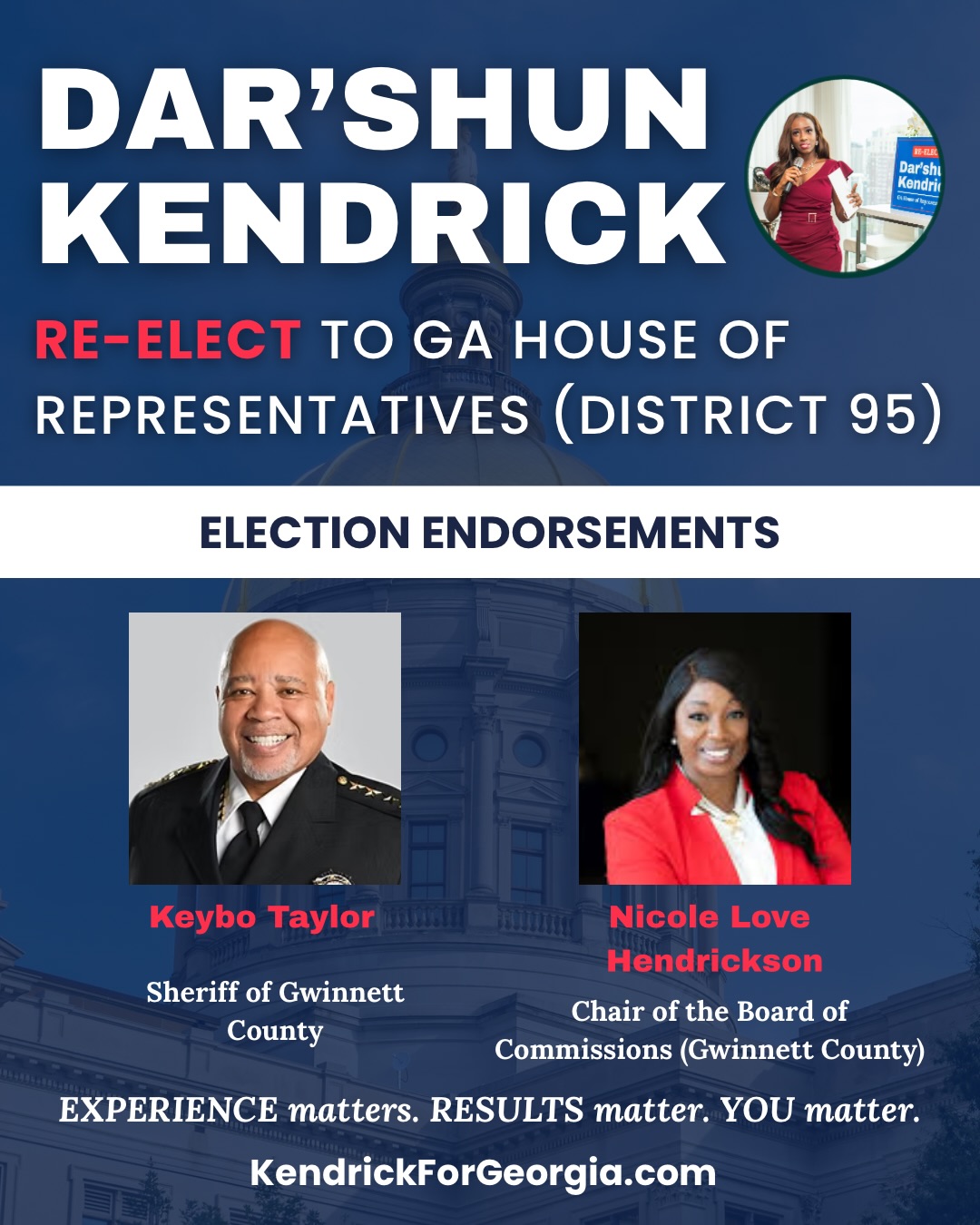 Kicking off round 2 of my endorsements I would like to focus on some of the incredible leaders of Gwinnett! Thank you to each of individuals for their continued support of my re-election to HD95! 💙 @keybotaylor
@chairwomanhendrickson
@boardmemberadriennesimmons
@kuforyou