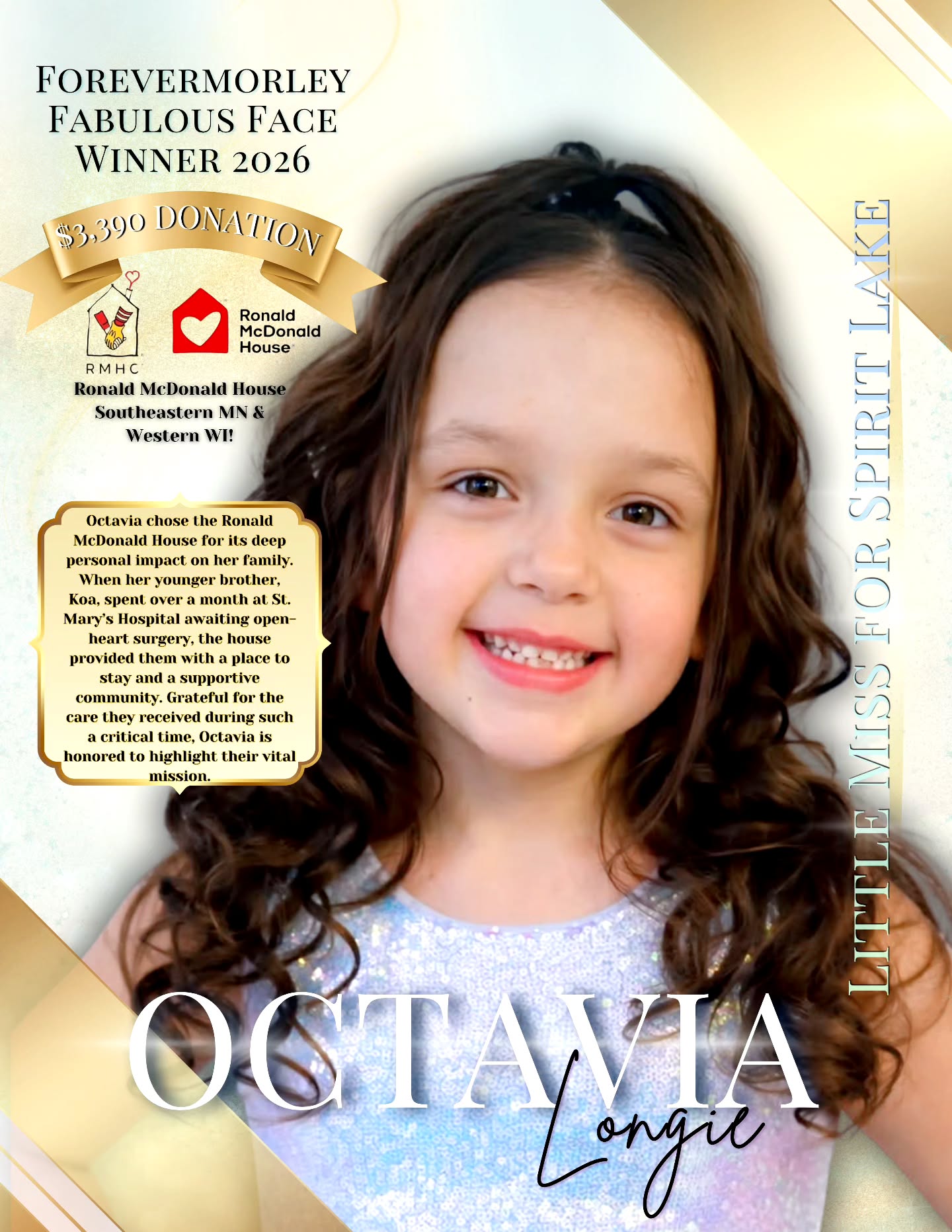 ββ¨ Beauty with a Purpose β¨
βWe are so incredibly proud of Octavia Longie, the 2026 Forevermorley Fabulous Face Winner! π
Beyond the crown, Octavia has used her platform to raise an amazing $3,390 for the Ronald McDonald House of Southeastern MN & Western WI.
βThis cause is close to her heart because the RMHC provided a home away from home for her family while her brother, Koa, underwent open-heart surgery. Honored to support such a vital mission! β€οΈ π₯
β#WeAreFamily #RMHC #Forevermorley #GivingBack