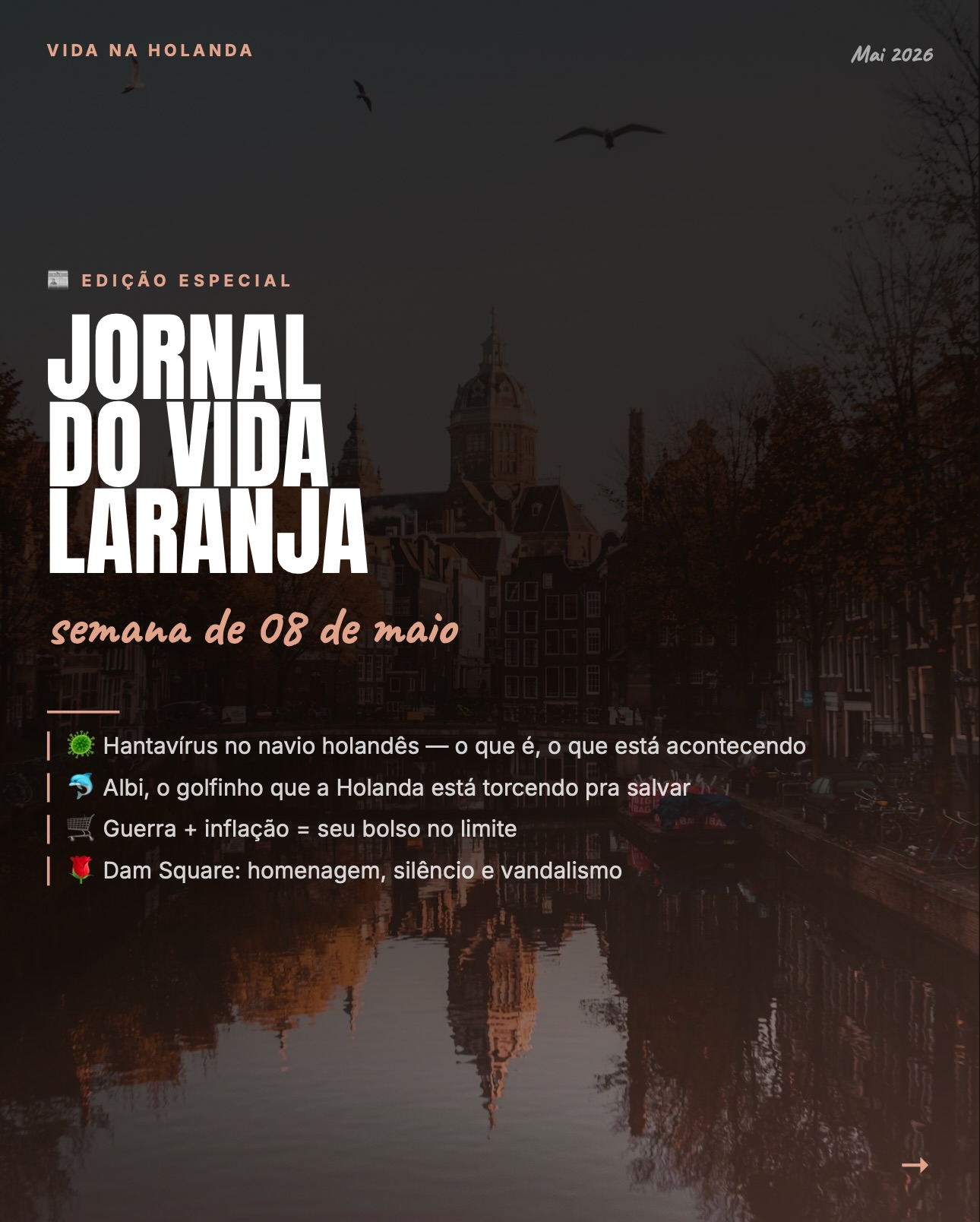 Jornal do Vida Laranja no ar! ‼️
Enquanto você estava vivendo sua vida, a Holanda tava em modo novela:
🦠Um navio de expedição saiu da Argentina com um vírus raro a bordo, três mortos, pacientes evacuados para a Holanda, e foi daqui que saiu o alerta oficial à OMS.
🐬Golfinho raro encalhado na praia. O monumento mais sagrado do país coberto de tinta vermelha às vésperas do silêncio nacional. 🛒E o supermercado aproveitando tudo isso pra subir o preço do queijo.
.
Tá tudo no Jornal do Vida Laranja. Arrasta pra ver o resumão da última semana sem precisar ler jornal em holandês.
Salva pra não esquecer e manda pra aquele amigo adoro ficar por dentro das notícias!
.
#holanda #news #brasilerospelomundo