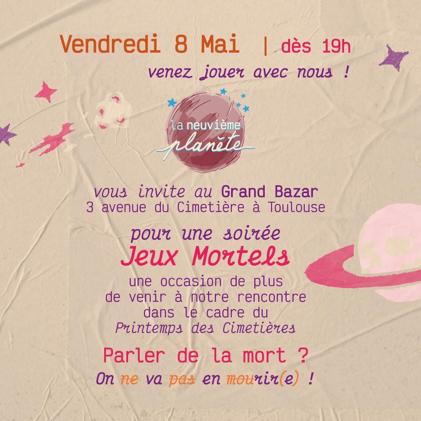 Et si on s’y retrouvait ?
Pour une soirée originale où l’on va bien se marrer (quiz, blind test…) et une belle occasion de se rencontrer en buvant un verre, rendez-vous au @grandbazargrandbazar pour une soirée « jeux mortels bien vivants» que nous organisons dans le cadre du Printemps des cimetières.
Restauration :
Il sera possible de boire un verre sur place et de vous restaurer avec des assiettes tapas / apéro à 7-8€
Infos d'accès au Grand Bazar :
Le Grand Bazar demande une participation sous la forme d'une adhésion ponctuelle de 5€
Inscription recommandée, rdv sur notre site, lien dans la bio.
#jeux #apero #bonsvivants #onnevapasenmourir