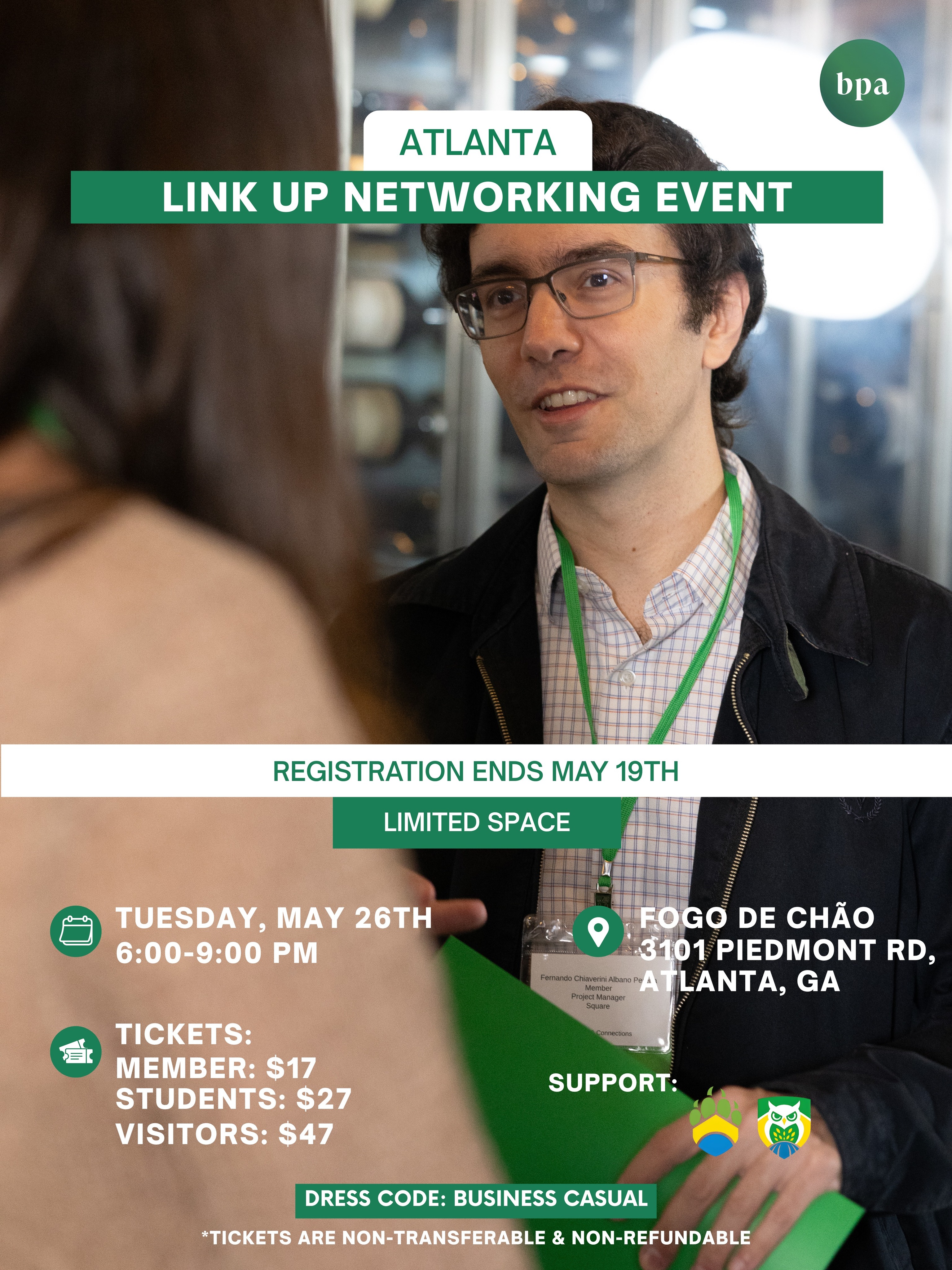 Whether you’re an entrepreneur, a leader, C-suite executive, business owner, or public official, this is your chance to connect, exchange ideas, and discover new career and business opportunities in a dynamic and motivating environment.
Expect great conversations, new connections, exciting collaborations, and the BPA vibe you already know makes every event special!
📅 Date: Tue, May 26th
⏰ Time: 6:00-9:00 PM
📍 Location: Fogo de Chão,
3101 Piedmont Rd, Atlanta, GA
🎟️ Tickets:
• MEMBERS: $27
• STUDENTS: $37
• VISITORS: $57
REGISTRATION ENDS MAY 19TH
👉 LINK IN BIO 👈
🎟️ Tickets are non-refundable and non-transferable
🚫 No walk-ins
⏳ Limited spots
Tag a friend who should be there and come connect with us!
Growing stronger together, one connection at a time.
PHOTO: @twosensephotography
.
.
.
#BPAAtlanta
#LinkUpNetworkingEvent #NetworkingNight #BrazilianProfessionalsAbroad