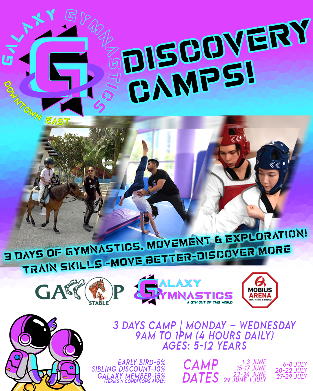 🚀 Keep your child active, engaged, and off screens this school holiday! Give them an experience that’s fun, purposeful, and builds real skills — all in one place.
At Galaxy Gymnastics Discovery Camps, your child won’t just be “kept busy" They’ll be moving, learning, exploring, and growing every camp session🌟
Over 3 days, they’ll be guided through a structured yet exciting programme that combines:
🤸♂️ Gymnastics training across multiple apparatus
💪 Strength, balance & coordination development
🌈 Movement-based games and challenges
🧠 Engaging partner activities beyond gymnastics
👫 Social interaction, confidence-building & independence
This is not just another camp — it’s a space where children build confidence, develop physical literacy, and enjoy the process of learning through movement.
👦👧 For children aged 5–12 years
📅 3 Days Camp (Monday–Wednesday)
⏰ 9AM – 1PM (4 hours daily)
🎁 Available perks:
• Early Bird: 5% OFF
• Sibling Discount: 10% OFF
• Galaxy Members: 15% OFF
✨ No prior experience needed
Spaces are kept limited to ensure quality coaching, attention, and a safe learning environment.
If you’re looking for something meaningful this holiday — this is it 💫
📩 Visit our website to explore full camp details, or WhatsApp us for any questions!
#GalaxyGymnastics
#galaxygymnasticssg
#GymnasticsForAll #AGymOutOfThisWorld
#pasirris
#downtowneast
#eastsidebestside