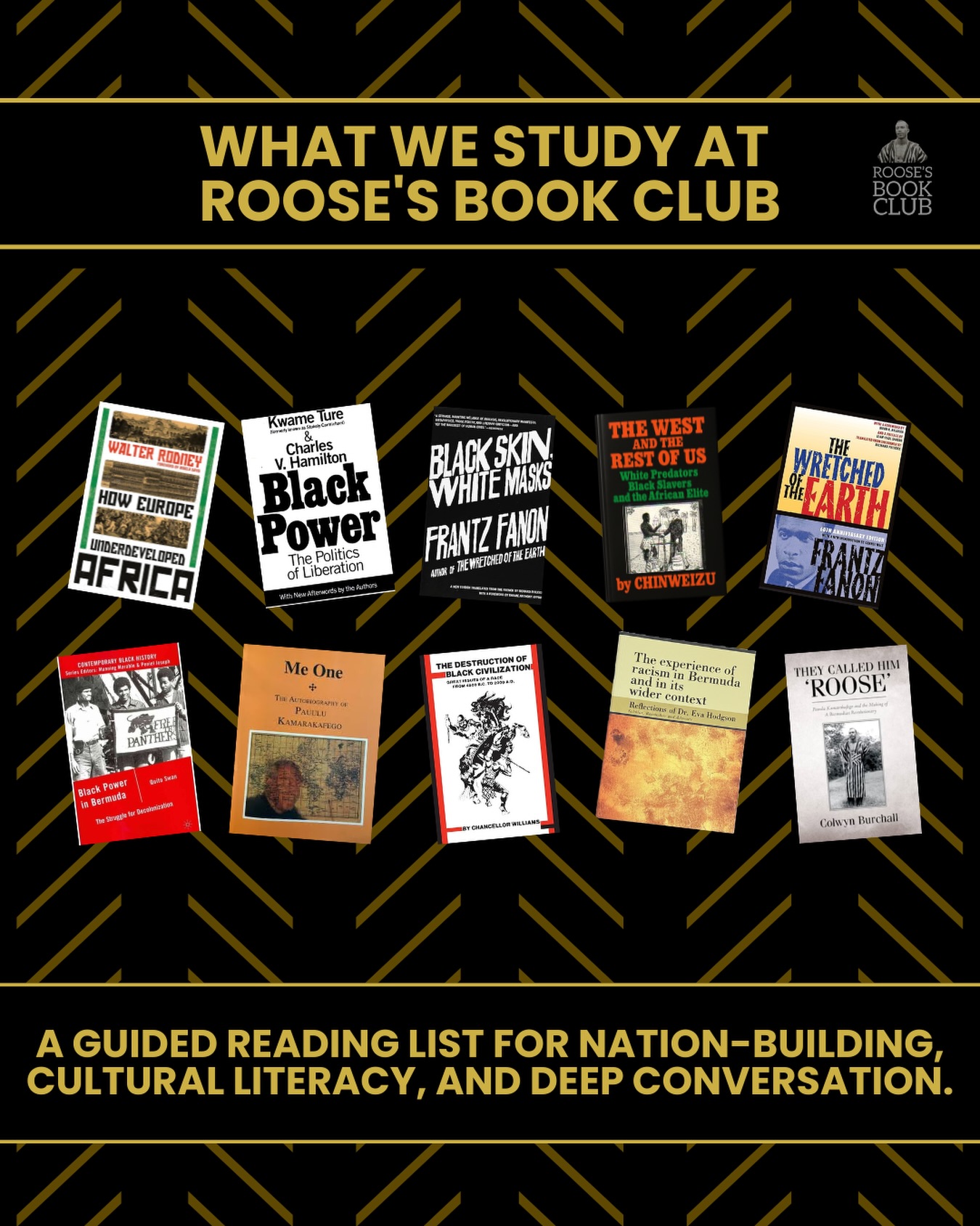 Ten books across three seasons, drawn together into a guided reading list for nation-building, cultural literacy, and deep conversation.
Season 1 | Foundations
The West and the Rest of Us by Chinweizu Ibekwe
The Experience of Racism in Bermuda and In Its Wider Context by Dr Eva Hodgson
The Destruction of Black Civilization by Chancellor Williams
Season 2 | Decolonial Thought
Black Skin, White Masks by Frantz Fanon
Black Power: The Politics of Liberation by Kwame Ture and Charles V. Hamilton
Black Power in Bermuda by Dr Quito Swan
Season 3 | Nation-Building and Self-Determination
How Europe Underdeveloped Africa by Walter Rodney
The Wretched of the Earth by Frantz Fanon
Me One: The Autobiography of Pauulu Kamarakafego
They Called Him ‘Roose’ by Colwyn Burchall Jr.
Want to hear our thoughts? Check out our YouTube channel to join the conversation!