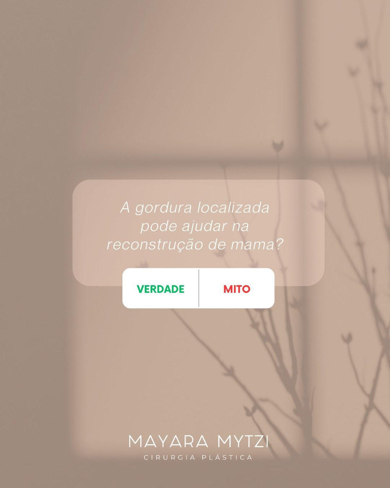 Verdade ✔️
A gordura localizada pode, sim, ser utilizada na reconstrução de mama. O enxerto de gordura é uma técnica importante para melhorar volume, contorno e qualidade da pele.
Além de ajudar na simetria, também pode contribuir para suavizar cicatrizes e tratar alterações causadas pela radioterapia.
Tudo depende de uma boa indicação e de uma avaliação individualizada. 😉
Dra. Mayara Mytzi
CRM SP 136.044 • Médica
Cirurgiã Plástica • RQE 66881
#dramayaramytzi
#cirurgiaplastica
