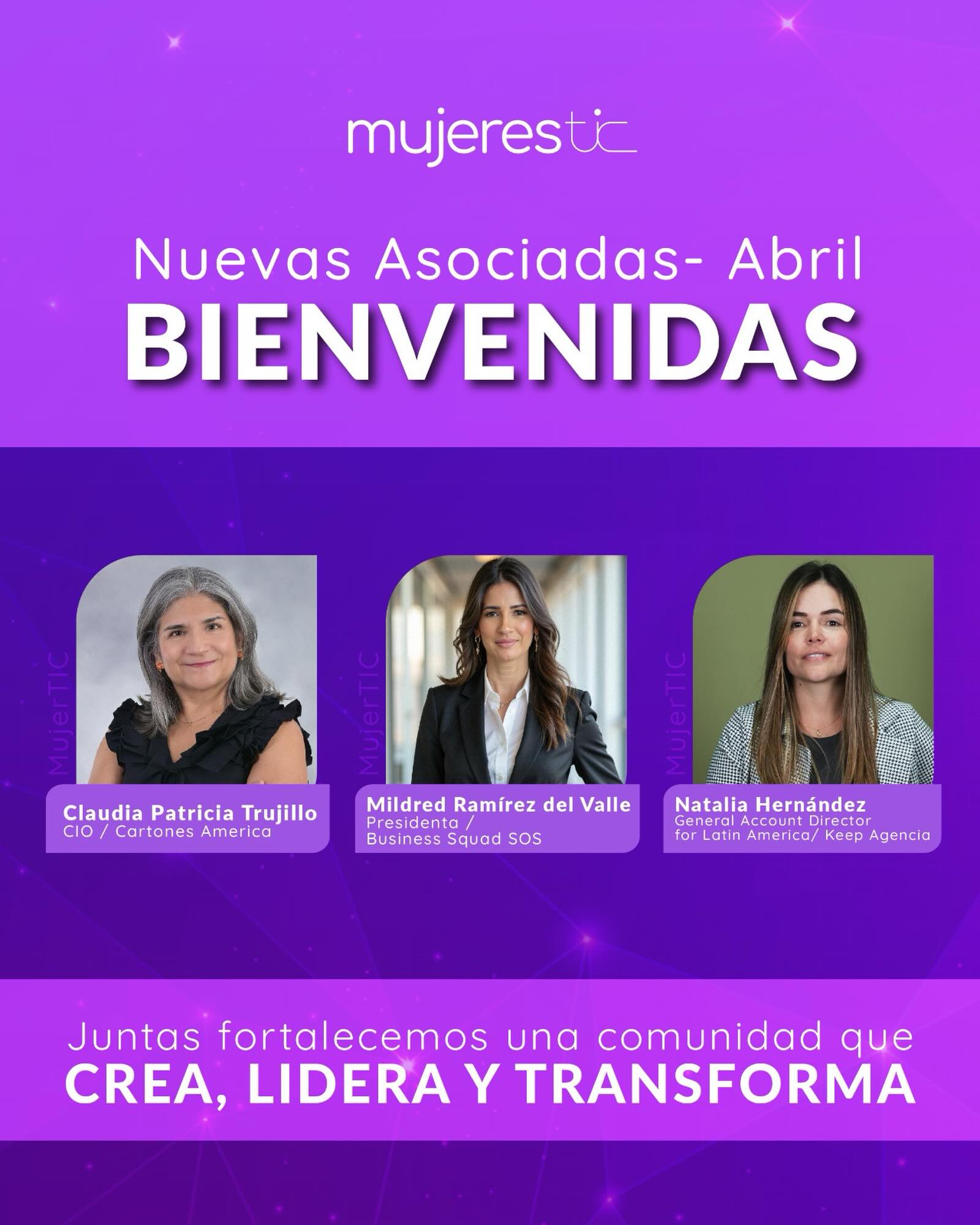 💜 ¡Bienvenidas nuevas asociadas!
Nos emociona sumar a Claudia, Mildred y Natalia a esta comunidad que crea, lidera y transforma 🚀
Juntas seguimos construyendo el futuro en tecnología ✨
#MujeresTIC #WomenInTech #Liderazgo #Comunidad #Transformación