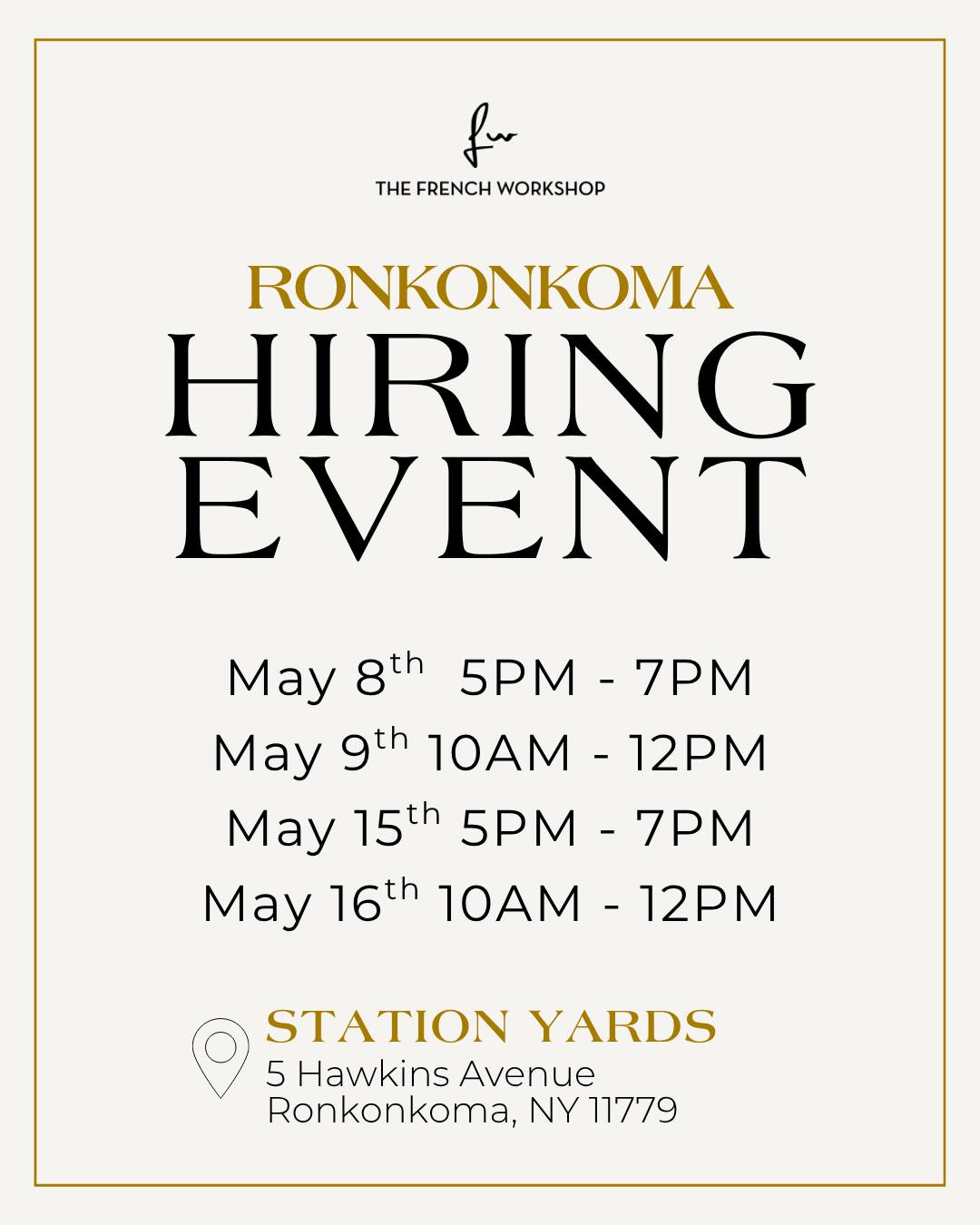 Ronkonkoma, we're coming soon...
Join us at our Hiring Event for the upcoming Station Yards location. Walk-ins welcome - bring your resume!
📍 Station Yards
5 Hawkins Avenue, Ronkonkoma
#TFW #TheFrenchWorkshop #Ronkonkoma #StationYards #HiringEvent