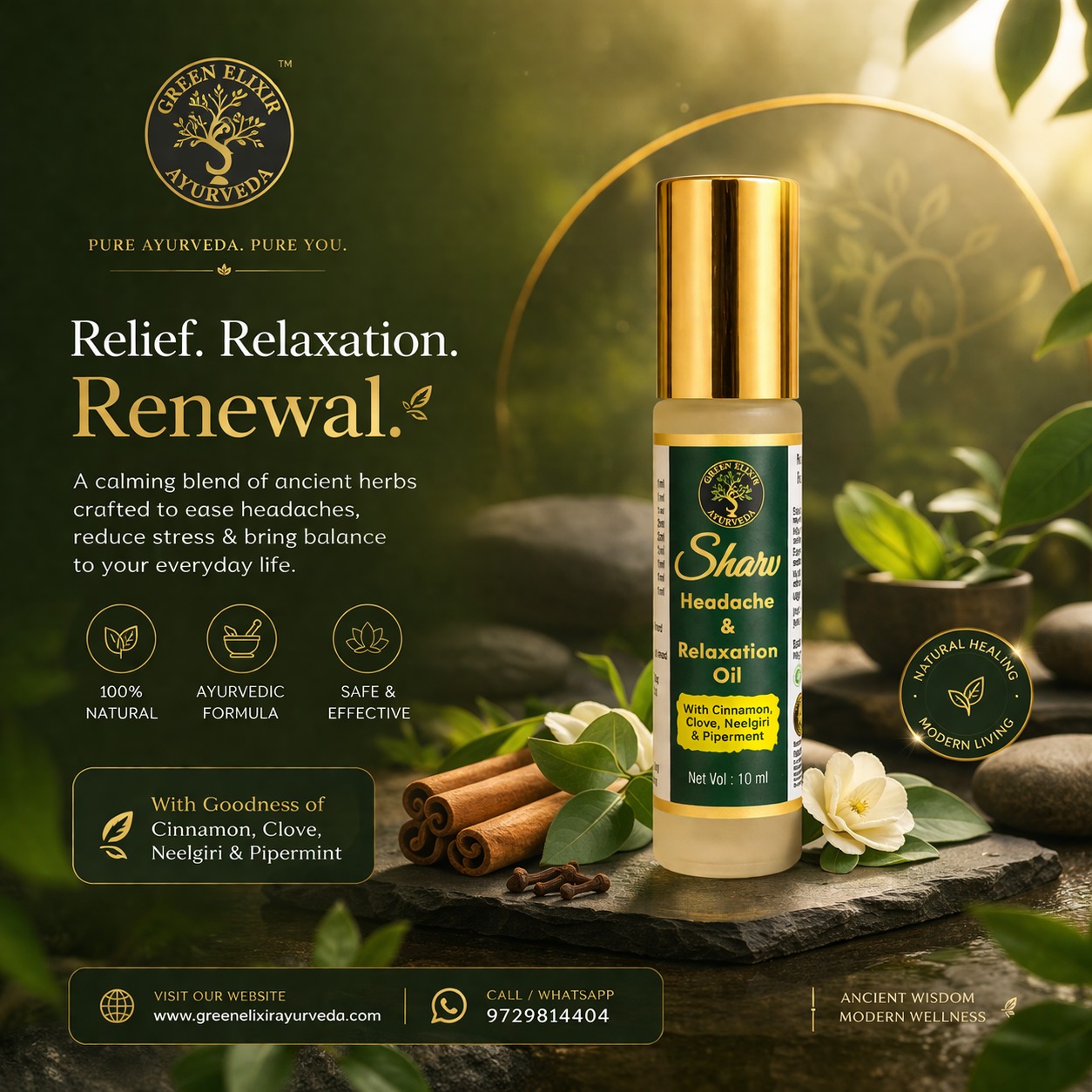 Stop ignoring your headache. Start healing it—naturally.
In a world full of quick fixes, choose something that actually restores you.
A calming Ayurvedic blend crafted to ease headaches, reduce stress, and bring your body back into balance.
✨ Instant relaxation
🌿 100% natural ingredients
💆♂️ Deep calming effect
Infused with the richness of Cinnamon, Clove, Neelgiri & Peppermint — this is not just relief, it’s a daily wellness ritual.
Because true luxury is feeling calm, clear, and in control.
📩 DM “RELIEF” to order
📞 WhatsApp: 9729814404
🌐 www.greenelixirayurveda.com
#AyurvedaHealing #NaturalRelief #HeadacheRelief #StressRelief #HolisticWellness
#LuxuryWellness #AyurvedicLifestyle #HerbalHealing #MindBodyBalance
#OrganicLiving #SelfCareIndia #WellnessRoutine #NaturalRemedies
#HealthyLivingIndia #AyurvedaIndia #RelaxationTime #StressFreeLiving
#PremiumCare #GreenElixir #LuxuryLifestyleIndia
#ExplorePageIndia #TrendingNowIndia #InstaGrowth #viralindia