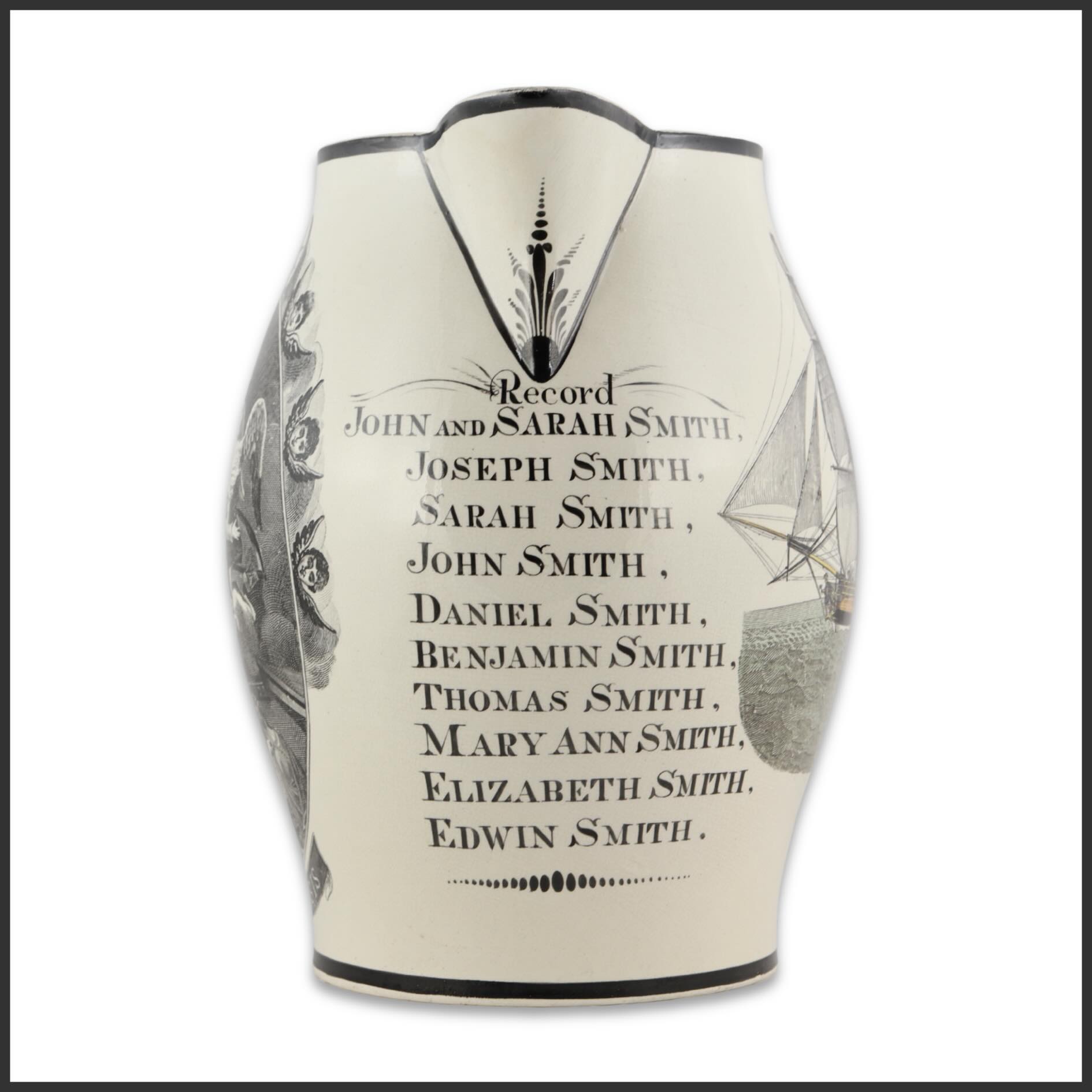 A Liverpool creamware pitcher transfer-printed with the celebrated “Apotheosis of Washington” scene, depicting George Washington ascending heavenward amid allegorical figures and patriotic emblems. Derived from engravings issued following Washington’s death in 1799, the design reflects the early republic’s elevation of the first president into a figure of national veneration and illustrates the rapid adoption of Washingtonian imagery within the Anglo-American ceramic trade.
The reverse displays a finely detailed American sailing vessel flying the early United States flag, while another panel bears a family inscription reading “Record — John and Sarah Smith” followed by the names of their children, indicating the pitcher was preserved as a domestic family register. Though Liverpool potters produced large quantities of transfer-printed ceramics for the American market, examples bearing contemporary family records are seldom encountered, transforming the vessel from a commemorative export piece into a deeply personal object of early American household history.
Now available from Gallery 76 Americana.
#Gallery76Americana #Washington #Creamware #Americana #HistoricalAmericana