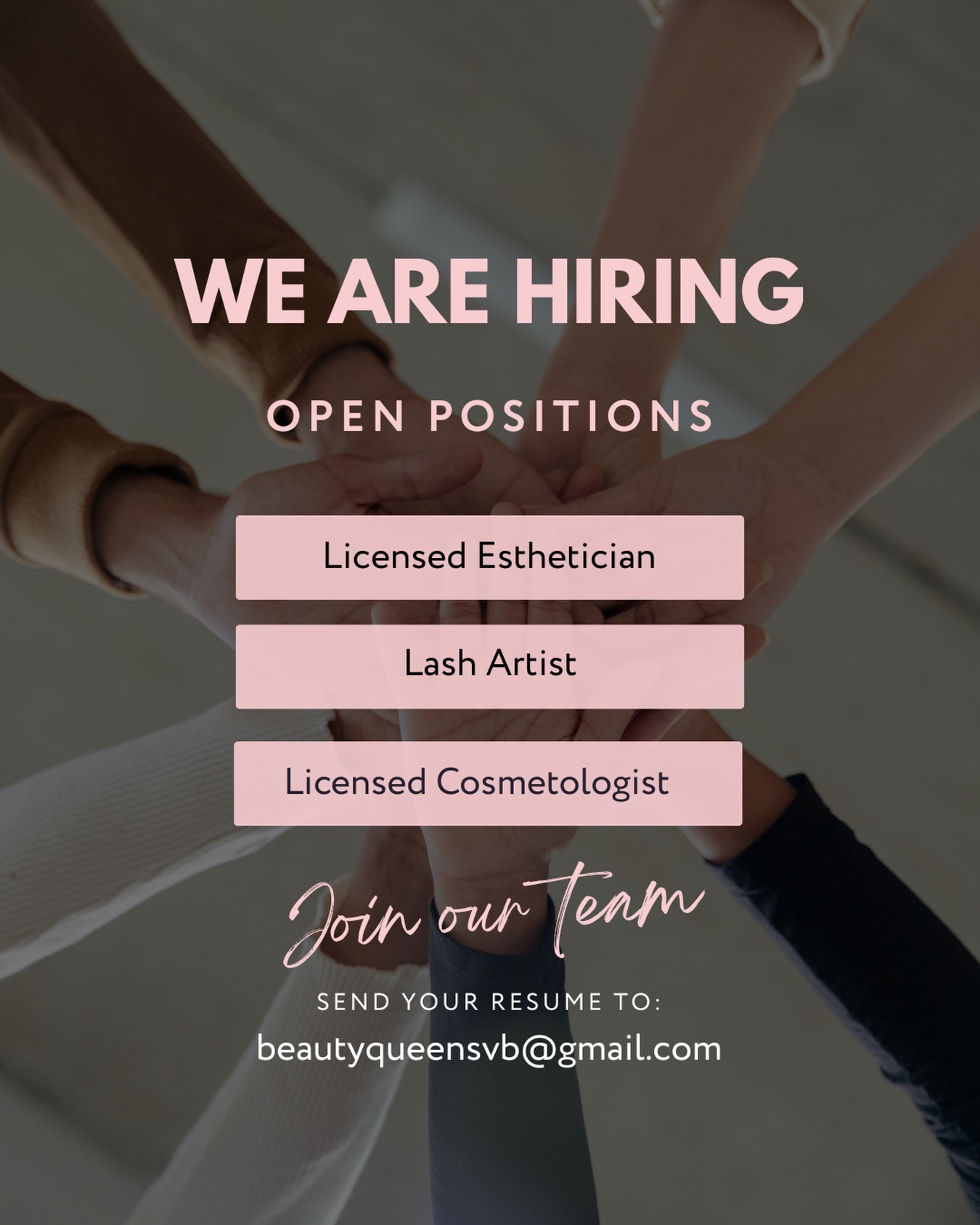 ✨ WE’RE GROWING & WE’RE HIRING ✨
Are you a talented lash artist, esthetician, or hairstylist looking for your salon home? We’re expanding our team at our busy medspa + salon and looking for passionate beauty professionals who love making clients feel confident and beautiful. 💕
What we offer:
✨ A supportive team environment
✨ Cross-referrals between salon + medspa clients
✨ Marketing & advertising support
✨ 24/7 access
✨ Fully equipped stations + storage
✨ Onsite laundry, Wi-Fi, break room & beverage bar
✨ Continuing education opportunities
✨ Growth opportunities in a luxury beauty space
If you’re ready to grow your business in a fun, professional environment, we’d love to connect! DM us for details or to schedule a tour. 💌
The Salon & Spa at Beauty Queens Aesthetics & Wellness Medicine
1776 Princess Anne Rd
Virginia Beach, VA 23456
757-876-9136
www.beautyqueensvb.com
.
.
.
.
#pungo #LashArtist #Esthetician #HairStylist #virginiabeachlocal SalonLife VirginiaBeach SalonSuite BeautyIndustry HiringNow BeautyProfessionals LashTech HairGoals SpaLife