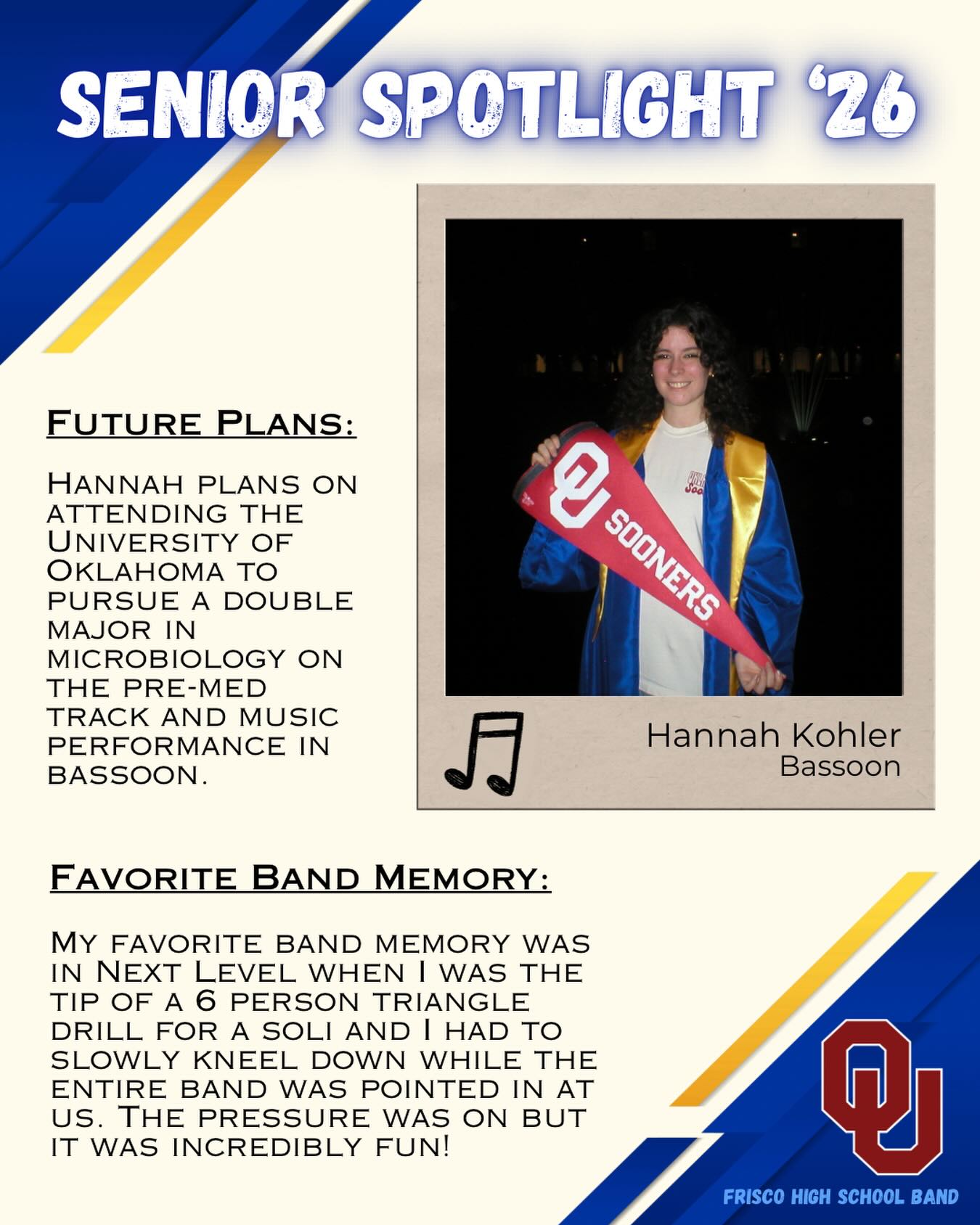 🚨SENIOR SPOTLIGHT 🚨
Congrats Hannah!!
#friscofinearts #friscoisd #friscohighschoolband #seniorspotlight #fisdfineartsleads @friscoschools @friscofinearts
