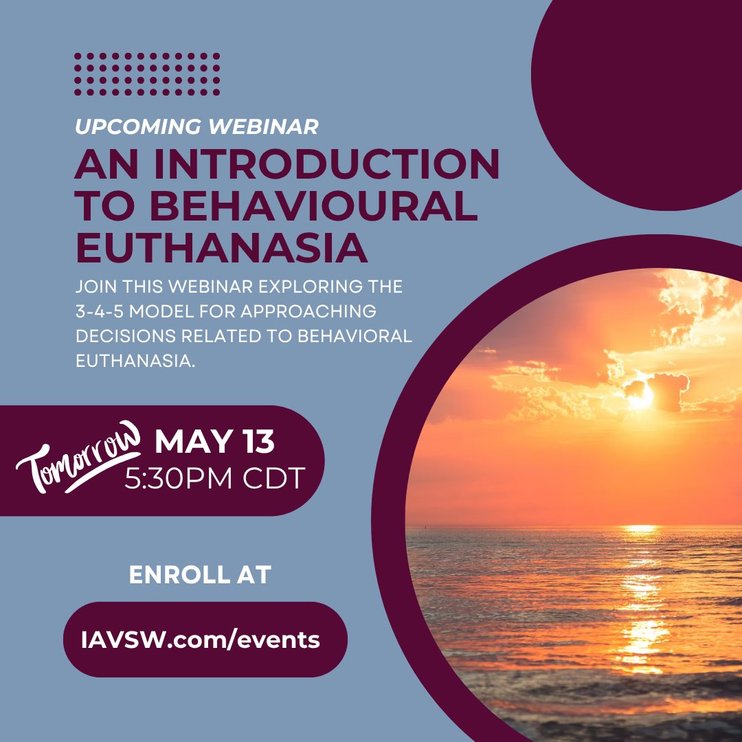 Some conversations in animal care are incredibly difficult — and incredibly important. 🐾
Join the International Association of Veterinary Social Work for An Introduction to Behavioural Euthanasia, a thoughtful webinar exploring the 3-4-5 model for approaching behavioural euthanasia decisions with compassion, ethics, and care. This session is designed to support professionals navigating the emotional and clinical complexities surrounding these decisions.
🗓️ May 13
⏰ 5:30 PM CDT
💻 Virtual Webinar
Whether you work in veterinary medicine, animal welfare, behaviour, rescue, or social work, this webinar offers a valuable opportunity to learn, and connect with others doing this challenging work.
Register now at IAVSW.org/events
#IAVSW #VeterinarySocialWork #BehavioralEuthanasia #AnimalWelfare #VetMed #ShelterMedicine #HumanAnimalBond #CompassionInAction #VeterinaryProfessionals #AnimalCareProfessionals #ContinuingEducation #Webinar