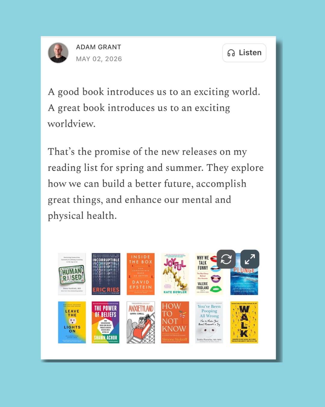 Among incredible company in @adamgrantās reading list for spring and summer! Thanks for recommending Youāve Been Pooping All Wrong to the worldāand spreading poophoria along the way š