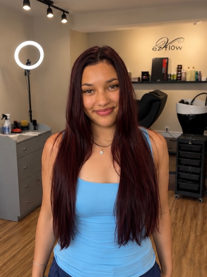 rich cherry red 🍒
deep wine tones with silky shine ✨
healthy long hair + customized color
obsessed with this transformation ❤️
#burgundyhair
#cherryredhair
#torontostylist
#womenhair