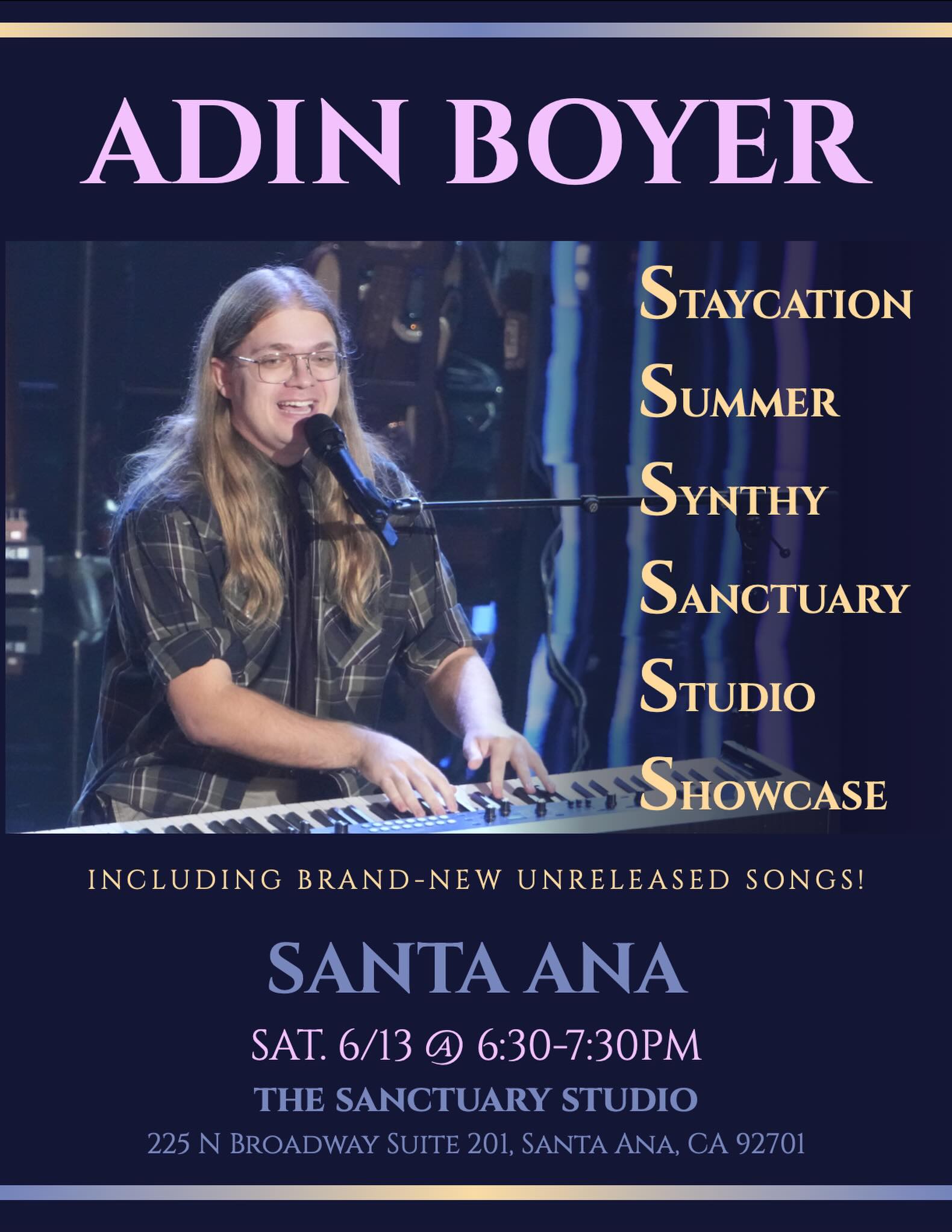 Feeling STOKED for this one!! I’m ready to get in the ZONE! While I’m still unable to hit the road for a little while, I’m still ready to ring in the summer season STRONG with this Staycation Summer Synthy Sanctuary Studio Showcase I’ve set up with the Sanctuary Studio in Santa Ana! Come join me for an intimate, local, and synth-infused listening-room style set down here in OC, feat. my originals, old and new!! Tickets are now on sale, $20 apiece! Come support live music!!
#AdinBoyer #SingerSongwriter #IndieRock #indie #AdinOnTour