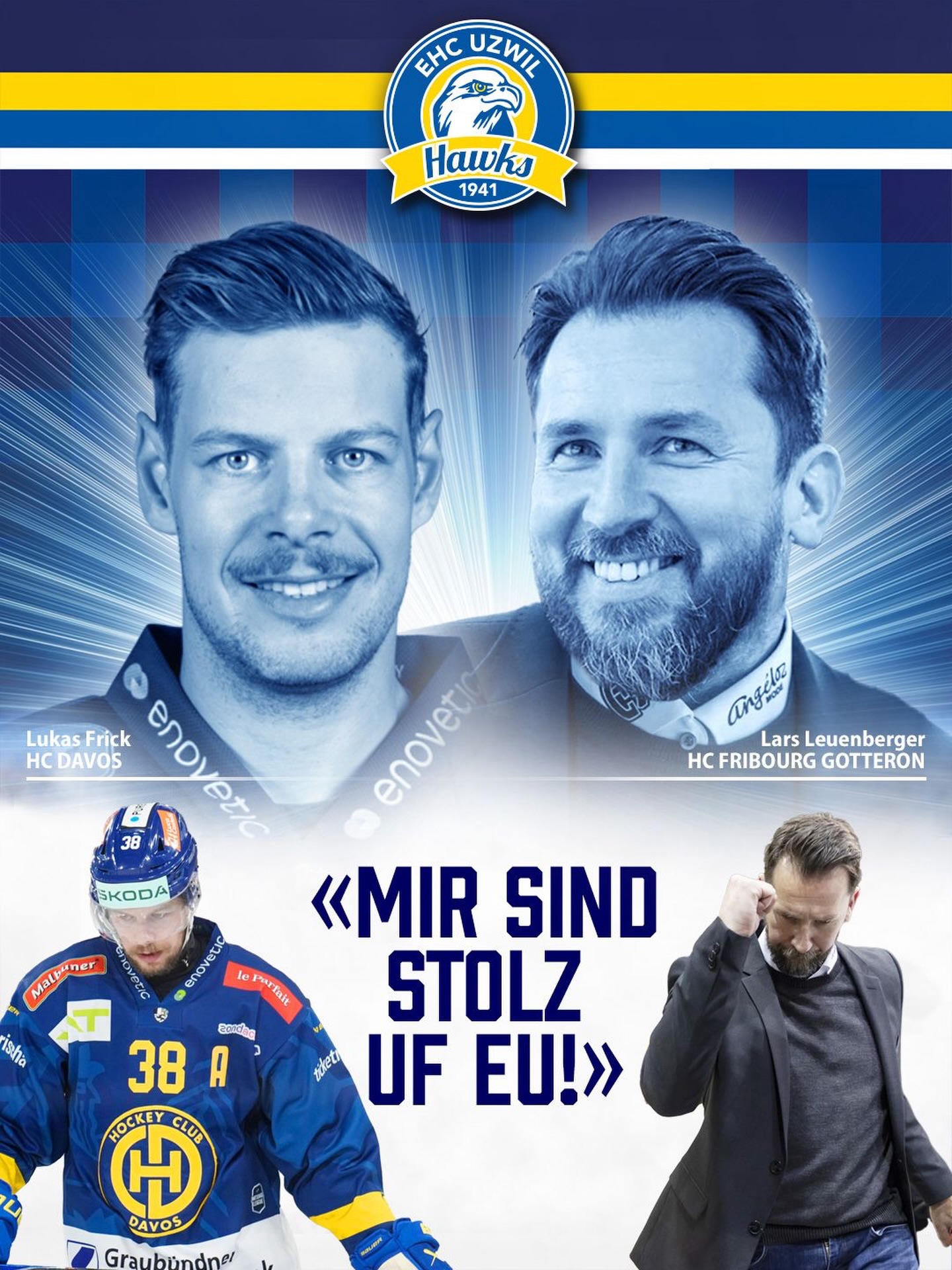 Lieber Lars, lieber Lukas
Wir möchten euch nochmals ganz herzlich zu eurer sehr erfolgreichen Saison gratulieren👏 Dir Lars zum ersten Meistertitel von Fribourg-Gottéron – und dir Lukas zu einer hervorragenden ersten Saison beim HCD! Mit deinen 42 Skorerpunkten (als Verteidiger notabene) hast du grossen Anteil daran, dass der HC Davos diese Saison so viele Spiele gewinnen konnte💪 Wir wünschen euch weiterhin viel Erfolg und alles Gute – und dir Lukas auch kurzfristig ganz viel Erfolg mit der Schweizer Nationalmannschaft🙌 Mir sind unglaublich stolz uf eu!
#ehcuzwil #ehcuzwilhawks #congrats #rolemodels #stolz