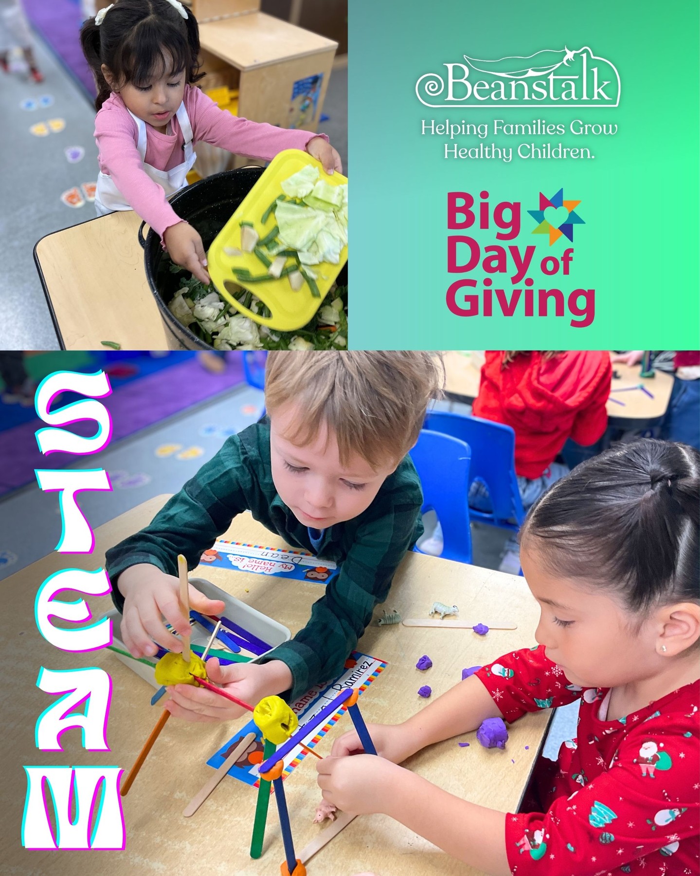 🌱 Beanstalk's emphasis on STEAM (Science, Technology, Engineering, Art, and Math) encourages children to ask questions, test ideas, express creativity, and build the confidence to solve real‑world problems. 🌟 Every moment of play becomes a chance to imagine, discover, and grow!
Here are some photos from our centers to see STEAM learning in action!
BigDayofGiving.org/Beanstalk
#BigDayOfGiving #BDOG #Beanstalk #GiveToday #GiveTogether #Nonprofit #Preschool #Toddlers #ECE #SacramentoNonprofit #HelpingFamiliesGrowHealthyChildren #SacramentoFamilies #BDOG2026