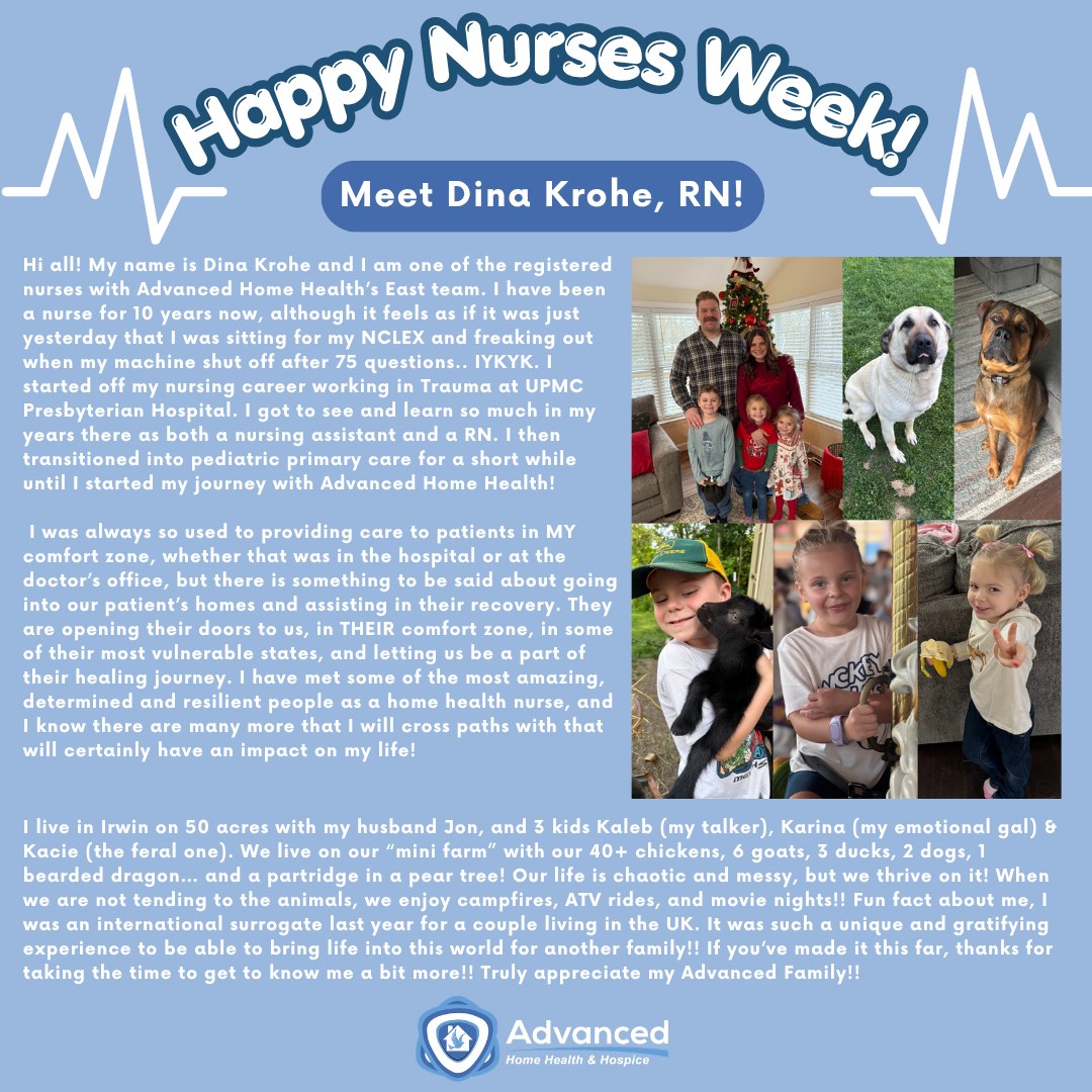 Nurses Week Spotlight ✨
Meet Dina Krohe, RN! Dina has been a part of the Advanced team for over three years, bringing compassion, dedication, and expertise to every patient she serves. Her commitment to providing exceptional care truly makes a difference in the lives of our patients and their families each and every day.
We are so grateful to have Dina on our team and proud to celebrate her during Nurses Week. Thank you for all that you do, Dina! 💙
#NursesWeek #AdvancingTogether #HomeHealth #Hospice