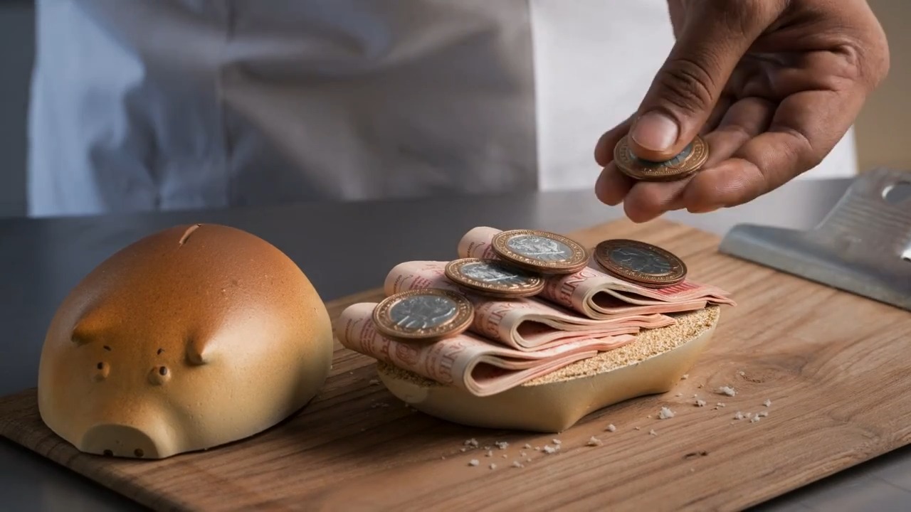 Bankbazaar.com, "Sandwich." c. 2014.
A deli that serves financial products instead of food. Currency notes layered as cold cuts. Coins sliced like cucumber. Office paper shredded into lettuce. Post-its hole-punched into Swiss cheese. Bread shaped like a piggy bank. Rulers hung where the knives should be.
The brief: compare financial products at one address. The film: paid the brief off in every frame.
Photography @jj2910 @kaikhushroo @therefinery.film