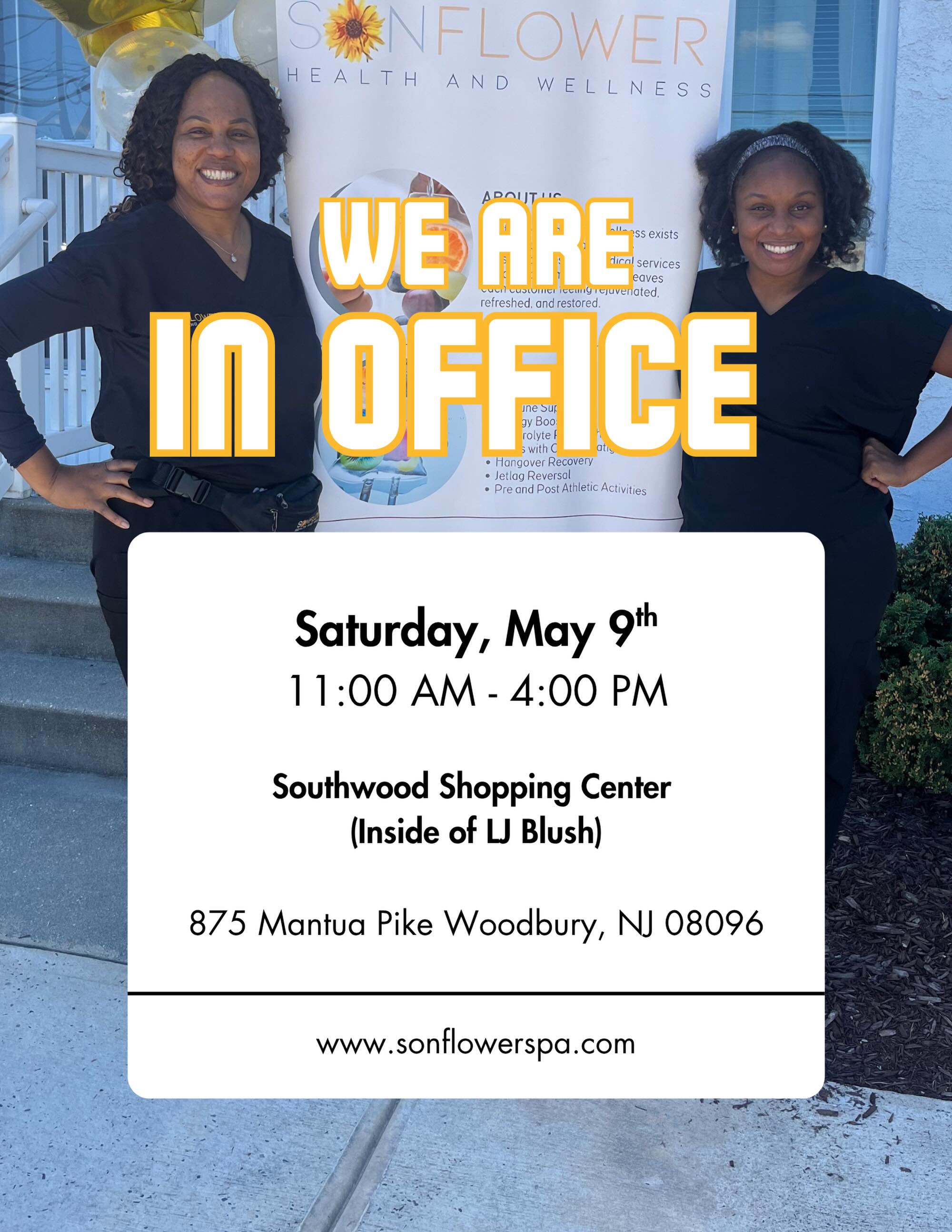 Mother’s Day weekend is loading… and we’re bringing the glow with us ✨💛
We will be IN OFFICE on:
🗓 Saturday, May 9th
⏰ 11:00 AM – 4:00 PM
📍 Southwood Shopping Center (Inside of LJ Blush)
875 Mantua Pike Woodbury, NJ 08096
Stop by to gear up for Mother’s Day weekend with our wellness services including:
✨ Glutathione injections
✨ NAD+ therapy
✨ Biotin shots
✨ B12 + vitamin injections
✨ IV hydration drips
✨ Weight loss + wellness support
🌸 EXCLUSIVE IN-PERSON SPECIALS will be available during the event — so don’t miss your chance to save while prioritizing your health, energy, beauty, and self-care.
Bring a friend, stop in, and leave feeling refreshed, restored, and glowing ✨
#SonflowerHealthAndWellness #IVHydration #MothersDayWeekend #SelfCare #WellnessSpa SelfCare