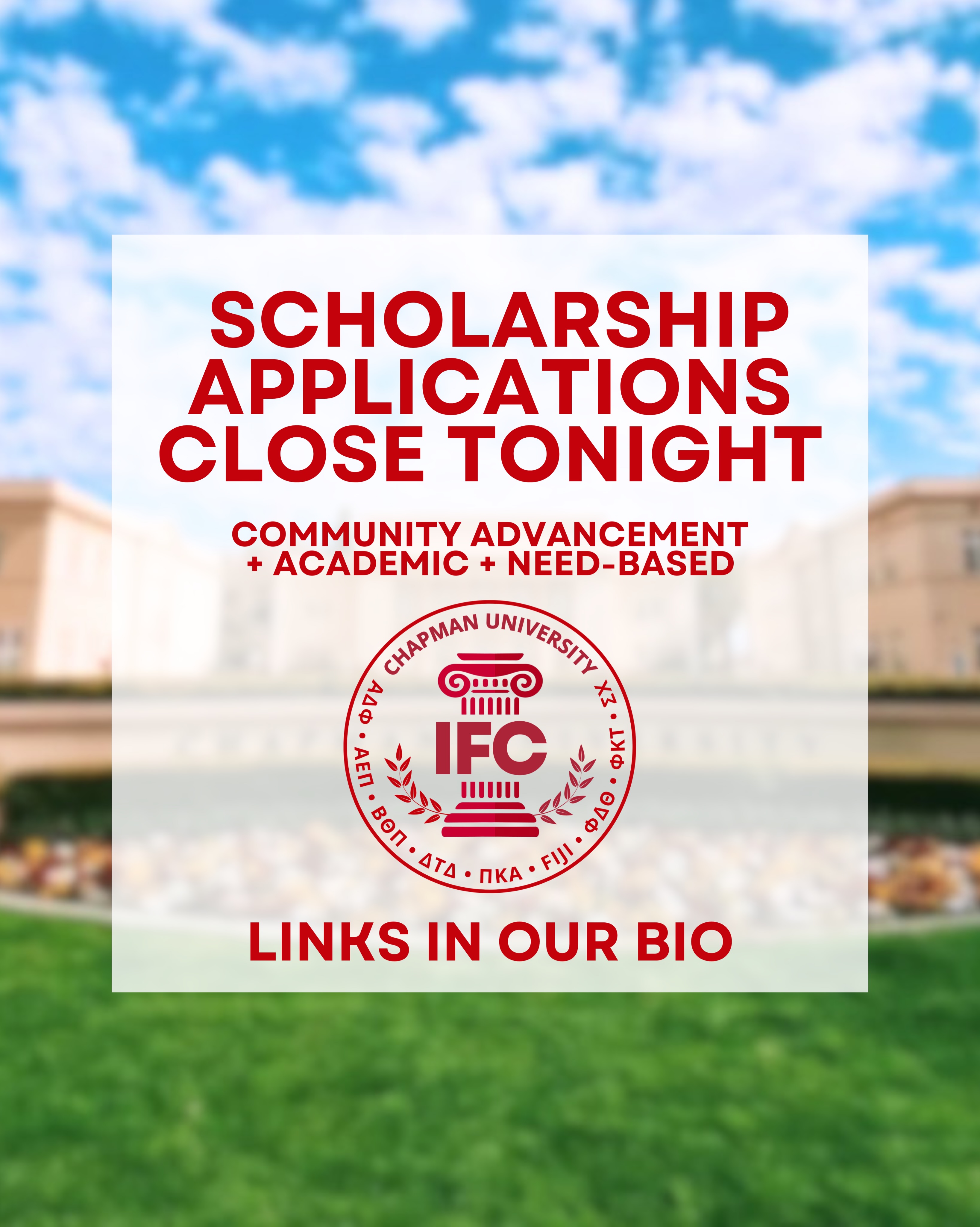 IFC scholarship applications close tonight at 11:59pm. Get those applications in before it’s too late using the link in our bio.