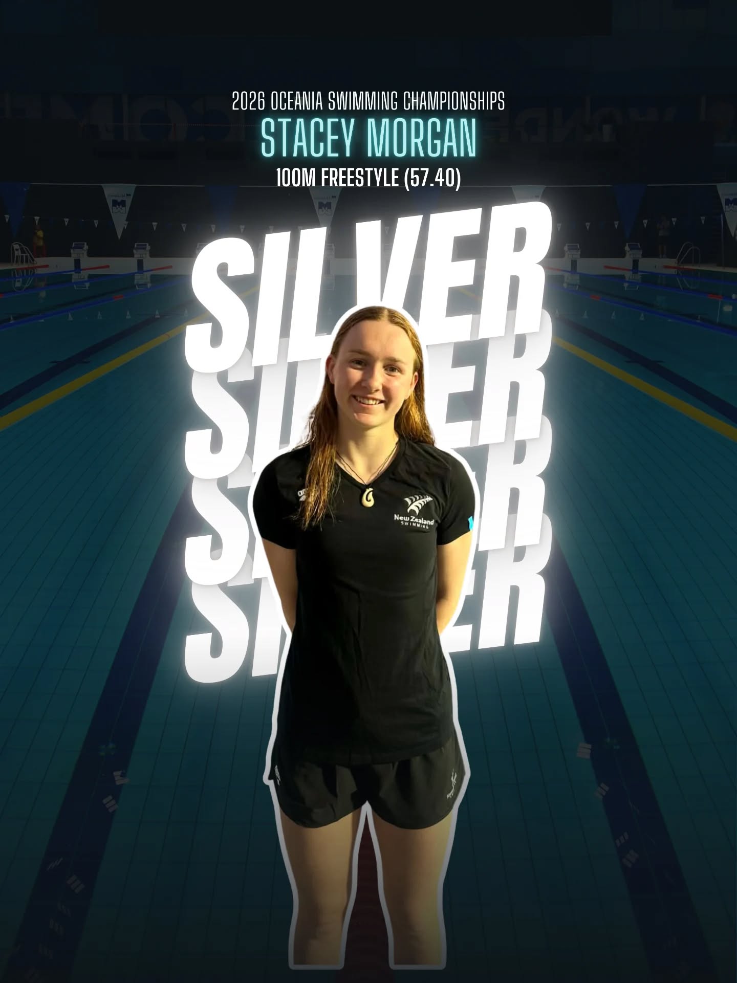 Stacey has just won the Silver medal in the Women's 100m Freestyle at the 2026 Oceania Swimming Championships!