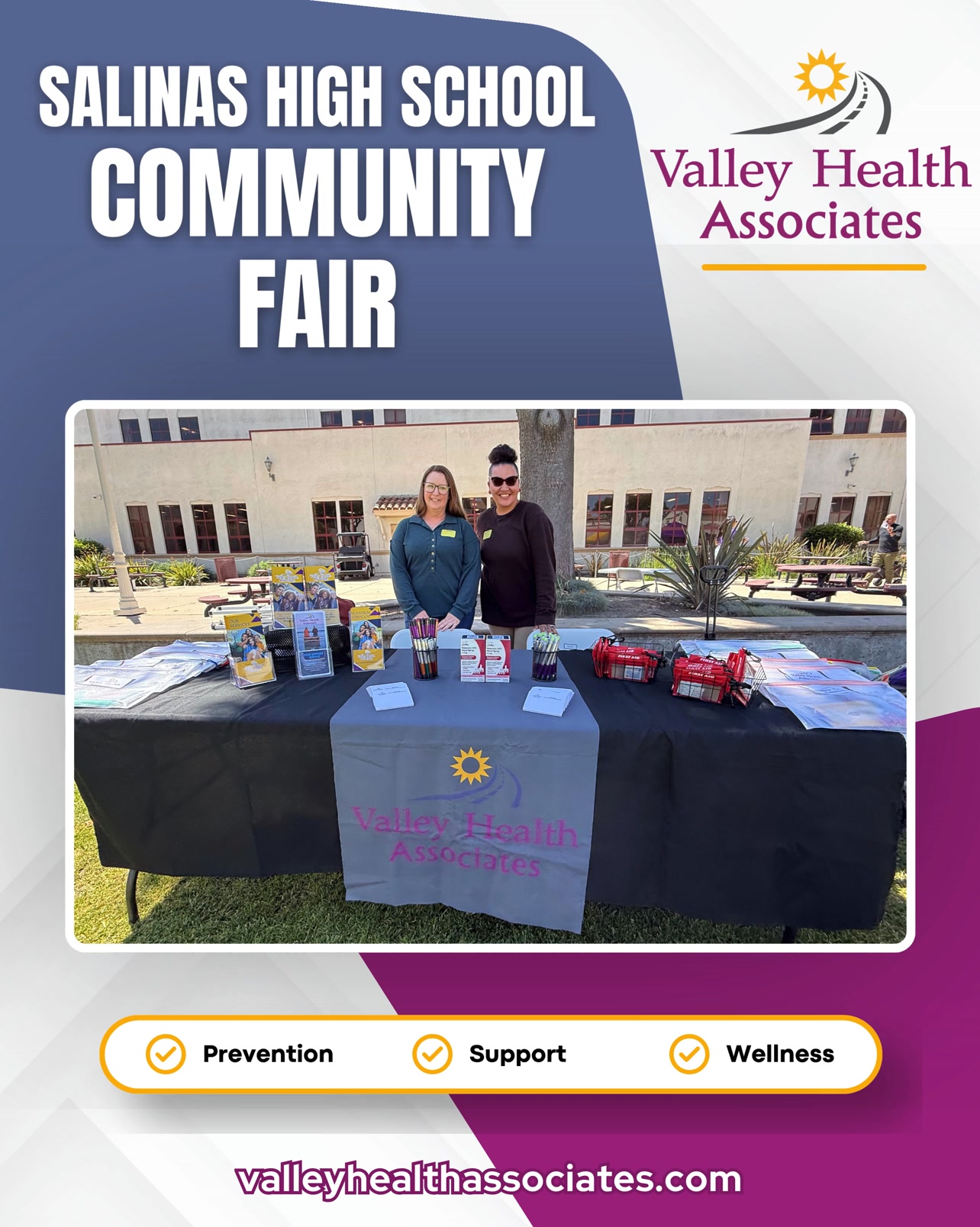 Valley Health Associates enjoyed being part of the Salinas High School Community Fair!
Thank you to Amber and Keala for connecting with students and sharing resources with the community.
Get involved today! valleyhealthassociates.com
#ValleyHealthAssociates #VHA #Nonprofit #CommunityOutreach #YouthSupport #Wellness